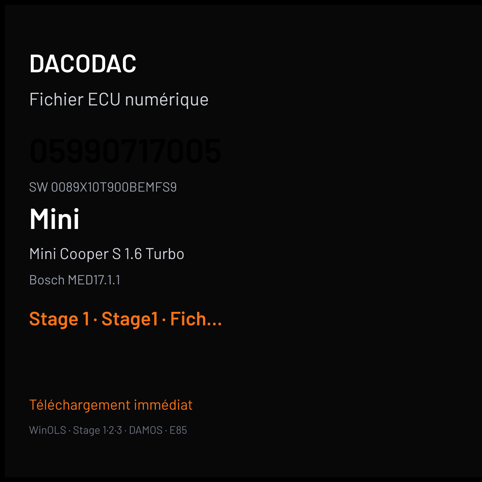 Mini Cooper S 1.6 Turbo (2011) — Bosch MED17.1.1 — 05990717005 · 0089X10T900BEMFS9 — Stage 1