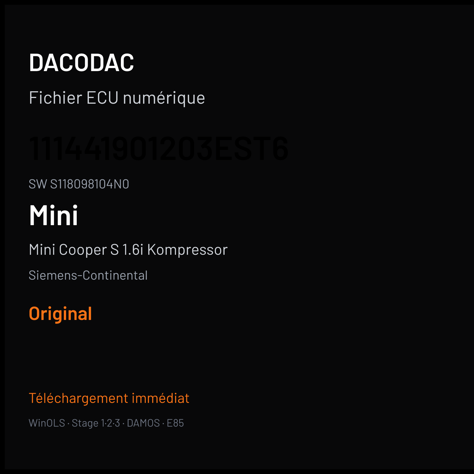Mini Cooper S 1.6i Kompressor 163 ch (2003) — Siemens-Continental — 111441901203EST6 · S118098104N0 · 740903003EST6 Undefined — Original