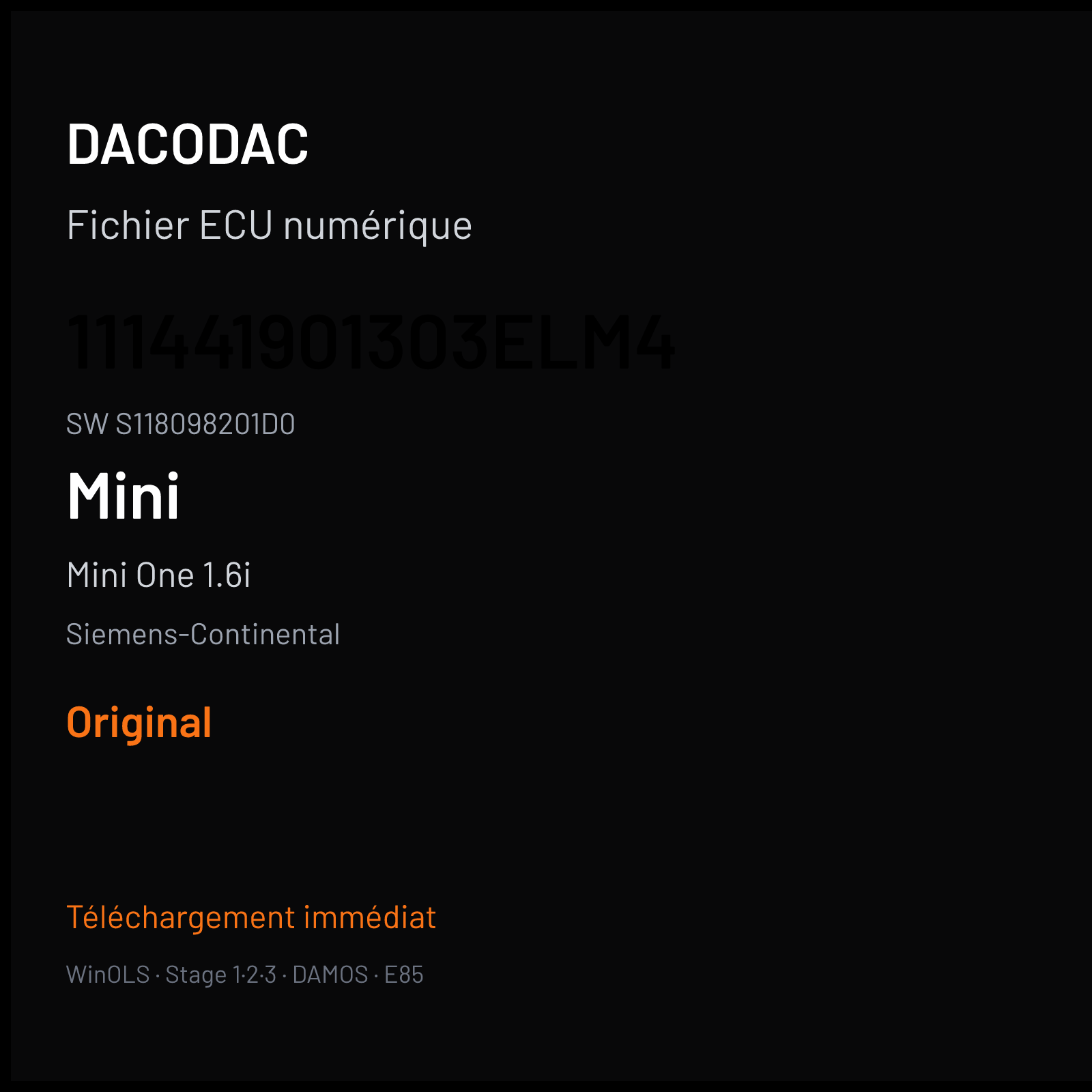 Mini One 1.6i 90 ch (2004) — Siemens-Continental — 111441901303ELM4 · S118098201D0 · 740904003ELM4 — Original