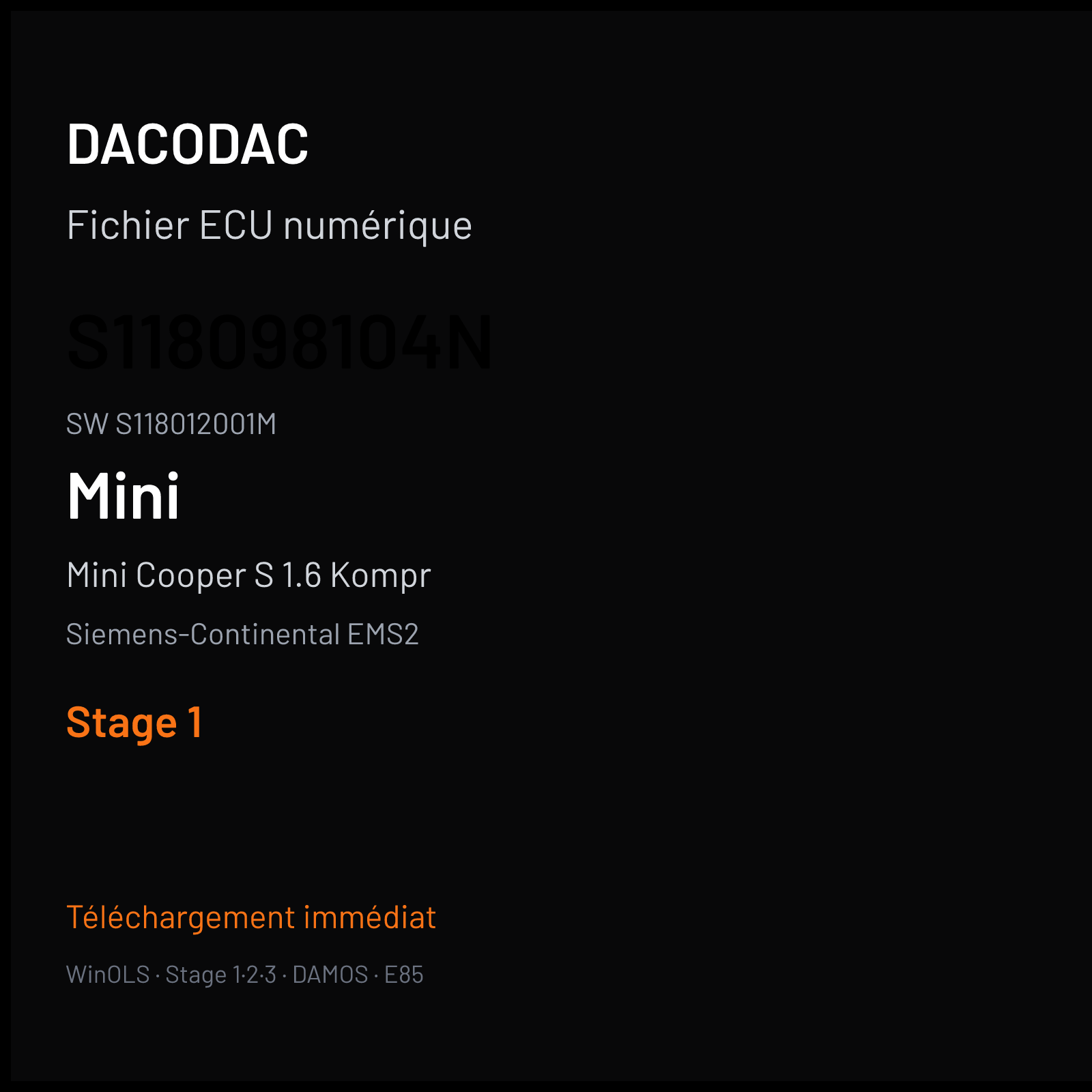 Mini Cooper S 1.6 Kompr 163 ch (2002) — Siemens-Continental EMS2 — S118098104N · S118012001M · 740903003EST6 — Stage 1