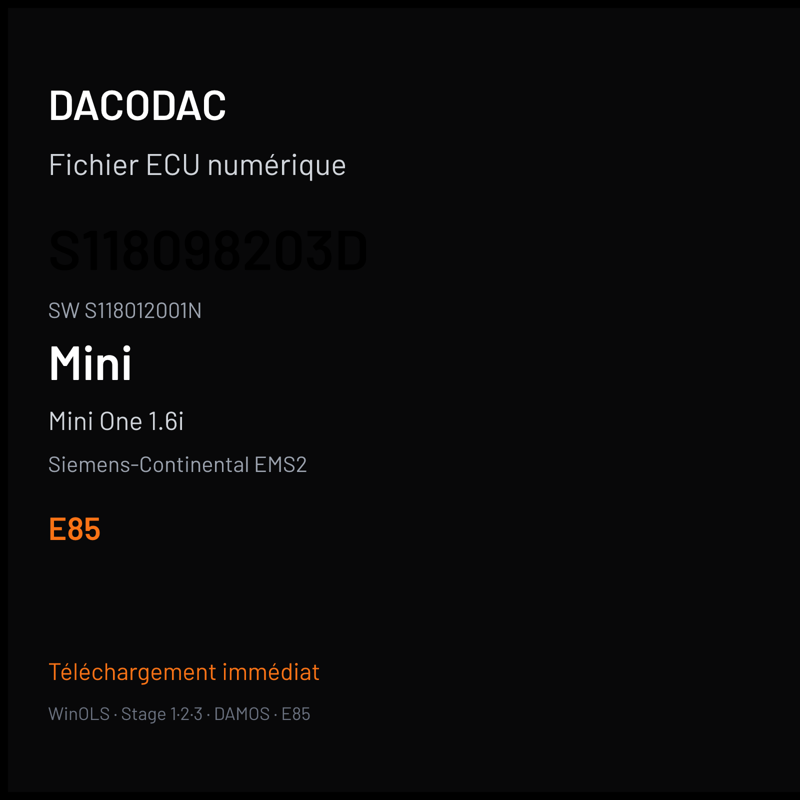 Mini One 1.6i — Siemens-Continental EMS2 — S118098203D · S118012001N · 740904003EHM4 — E85