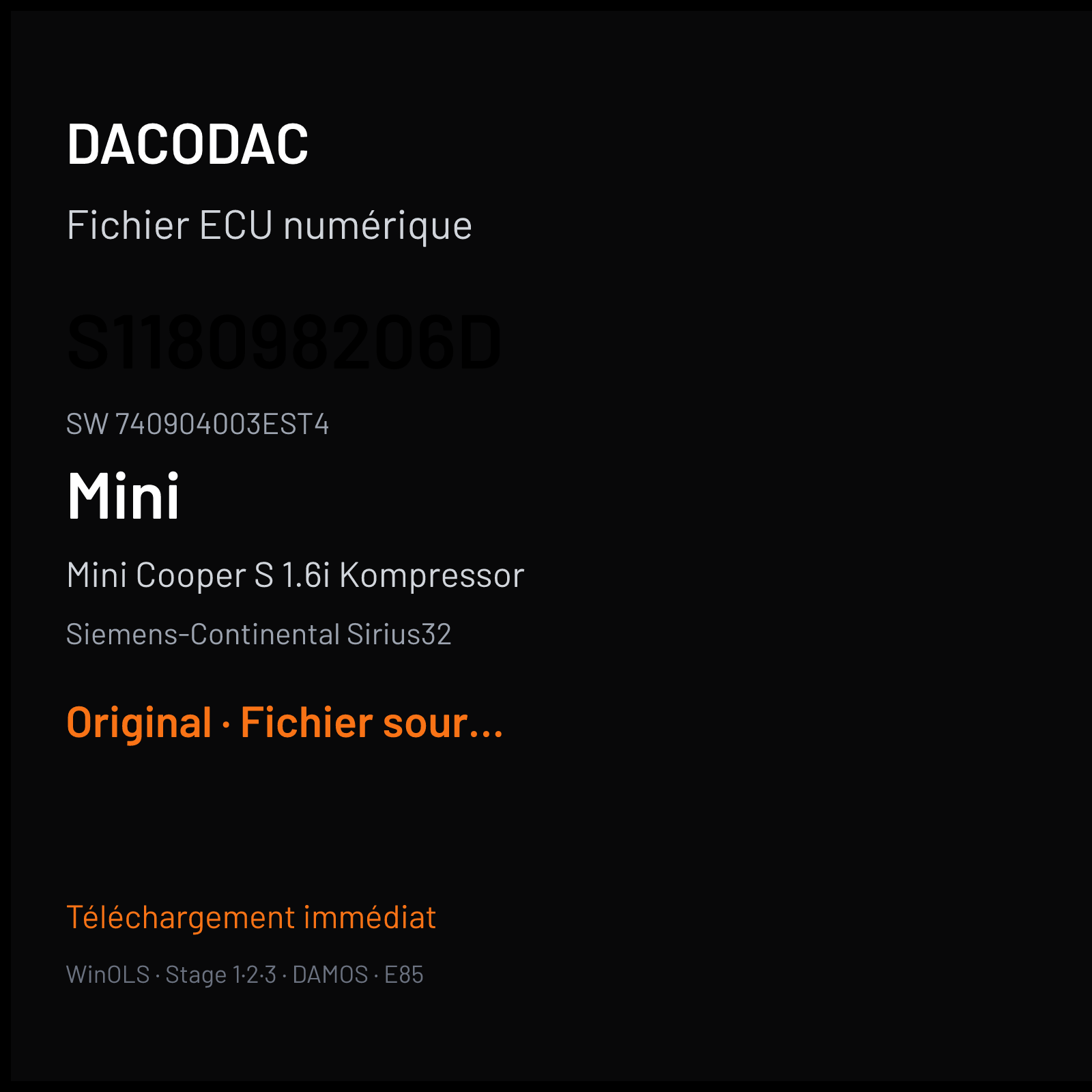 Mini Cooper S 1.6i Kompressor (2004) — Siemens-Continental Sirius32 — S118098206D · 740904003EST4 — Original
