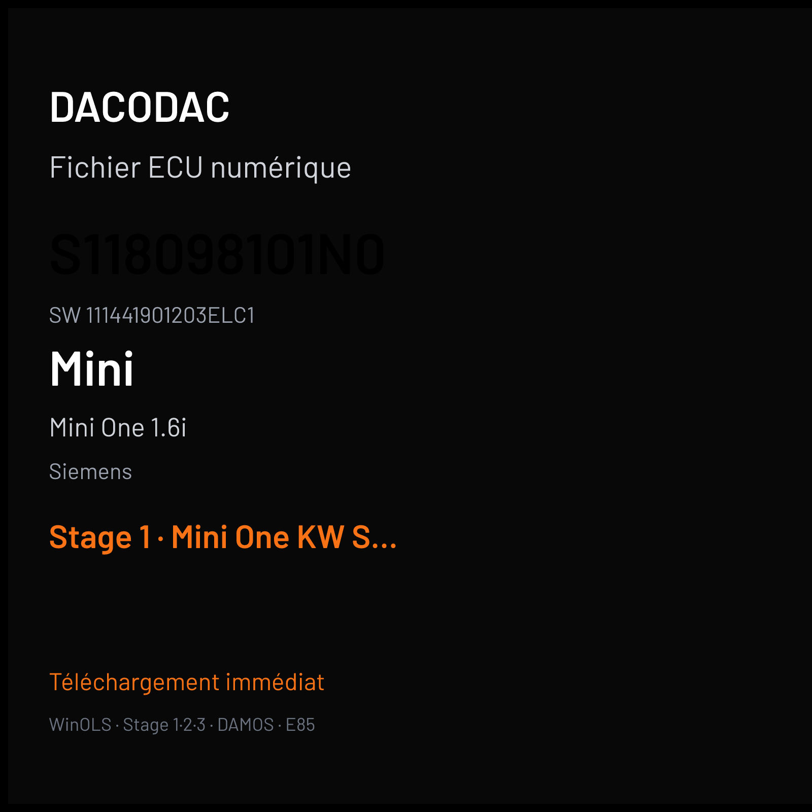 Mini One 1.6i 90 ch (2002) — Siemens — S118098101N0 · 111441901203ELC1 · 740903003ELC1 Undefined — Stage 1