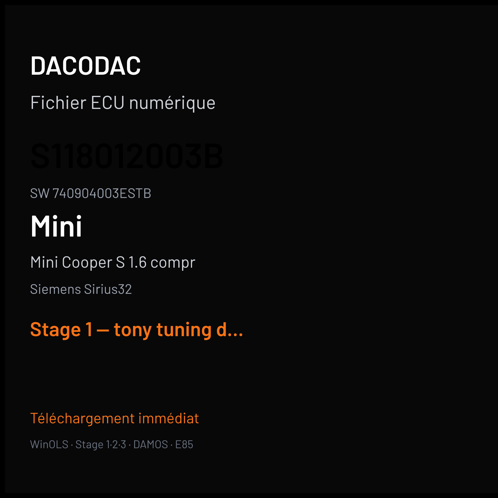 Mini Cooper S 1.6 compr (2006) — Siemens Sirius32 — S118012003B · 740904003ESTB — Stage 1 — tony tuning datei