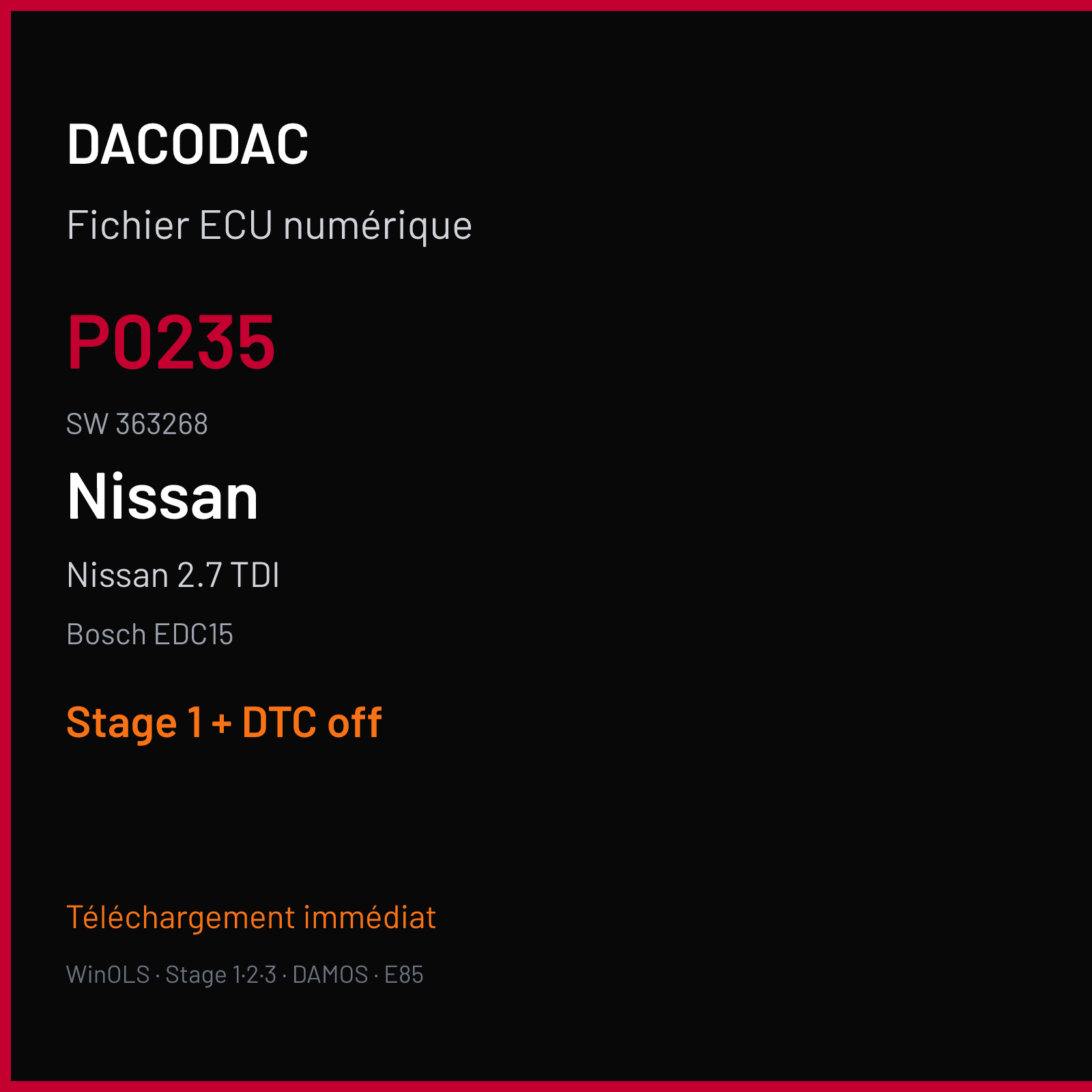 Nissan 2.7 TDI (2002) — Bosch EDC15 — P0235 · 363268 — Stage 1 + DTC off