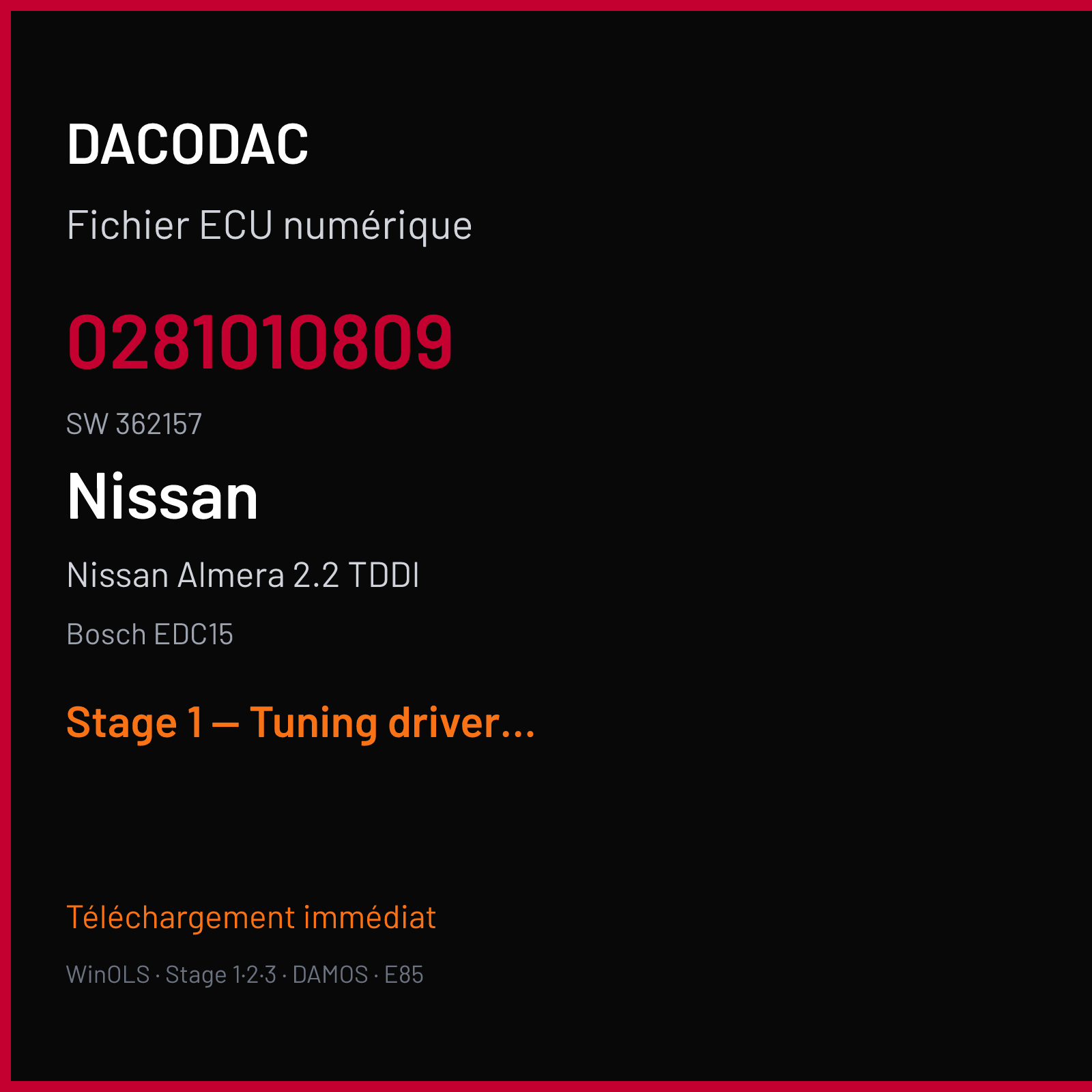 Nissan Almera 2.2 TDDI (2002) — Bosch EDC15 — 0281010809 · 362157 — Stage 1 — Tuning driver available