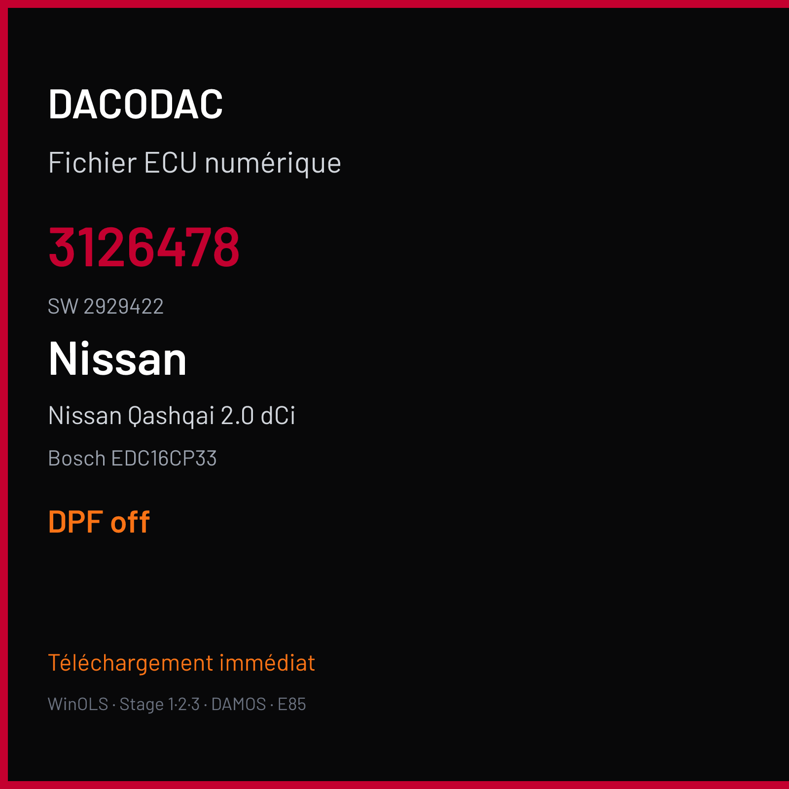 Nissan Qashqai 2.0 dCi 150 ch (2009) — Bosch EDC16CP33 — 3126478 · 2929422 · 1037500060 576JD2 — DPF off