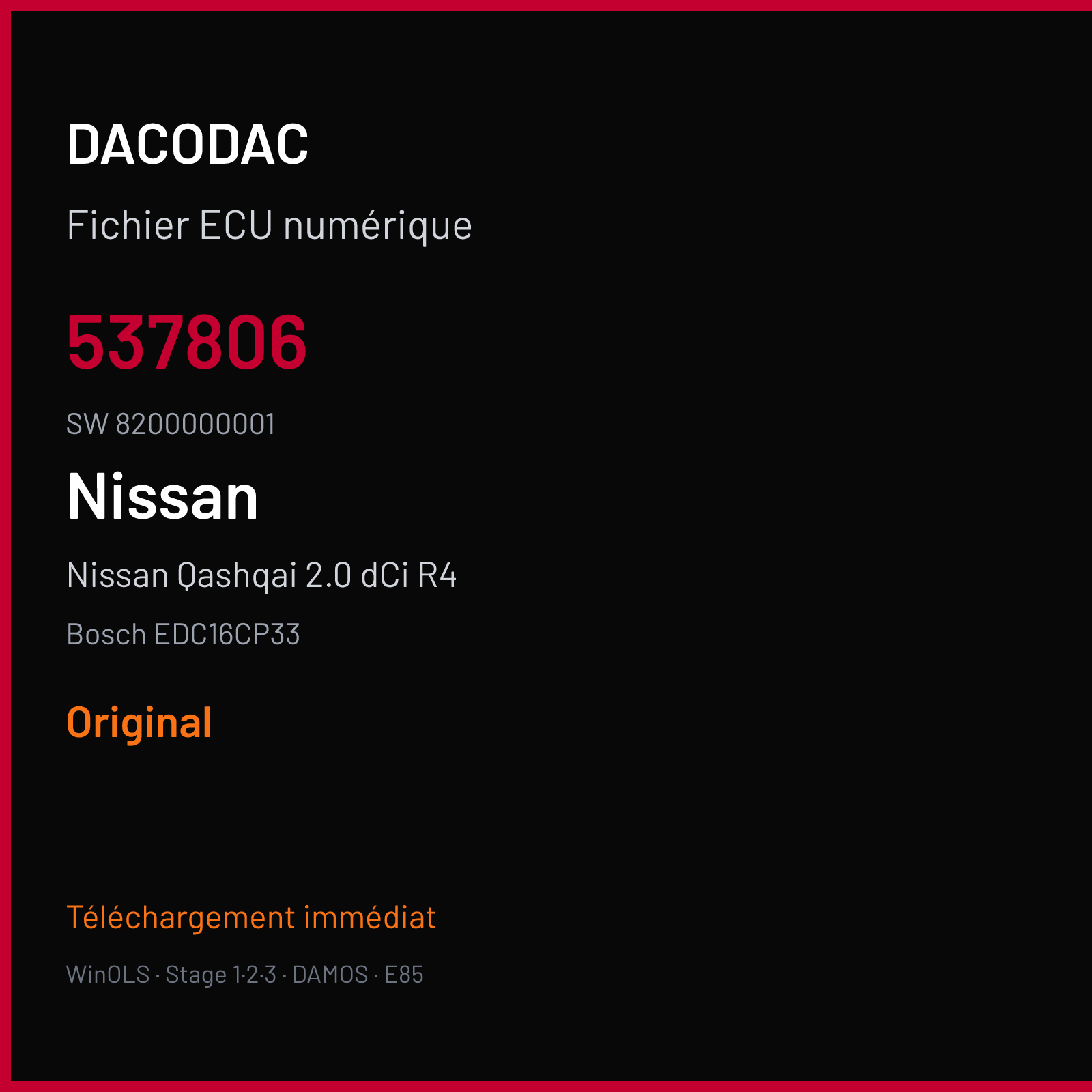 Nissan Qashqai 2.0 dCi R4 148 ch (2008) — Bosch EDC16CP33 — 537806 · 8200000001 — Original