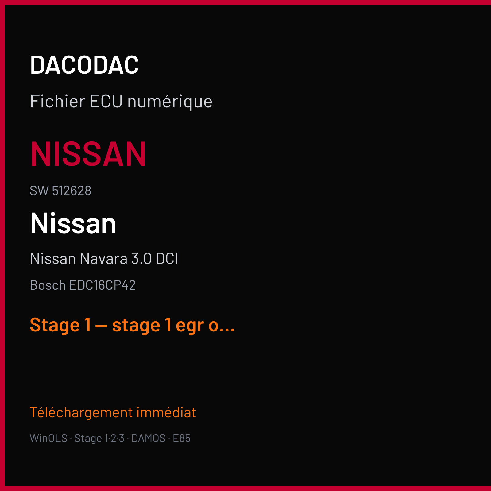 Nissan Navara 3.0 DCI (2011) — Bosch EDC16CP42 — NISSAN · 512628 — Stage 1 — stage 1 egr off dpf off