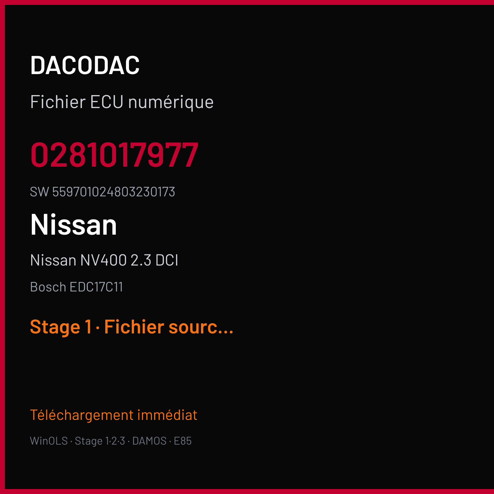 Nissan NV400 2.3 DCI 145 ch (2012) — Bosch EDC17C11 — 0281017977 · 559701024803230173 · 528671 — Stage 1