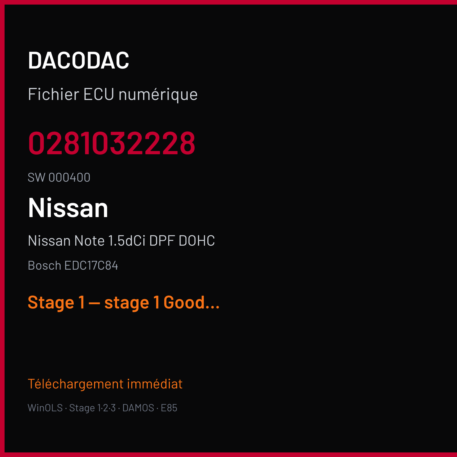 Nissan Note 1.5dCi DPF DOHC (2016) — Bosch EDC17C84 — 0281032228 · 000400 — Stage 1 — stage 1 Good file according to Aldo