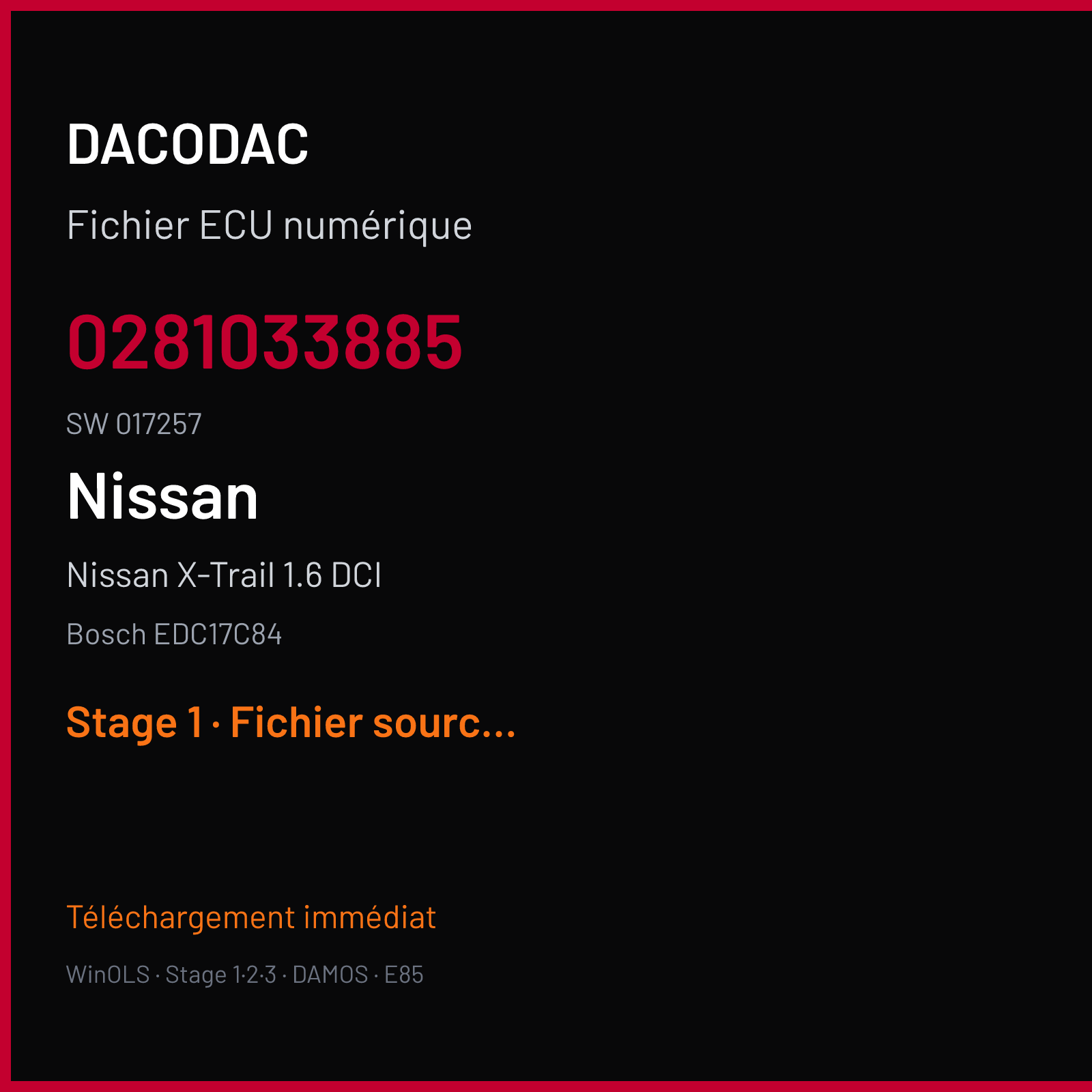 Nissan X-Trail 1.6 DCI (2017) — Bosch EDC17C84 — 0281033885 · 017257 — Stage 1