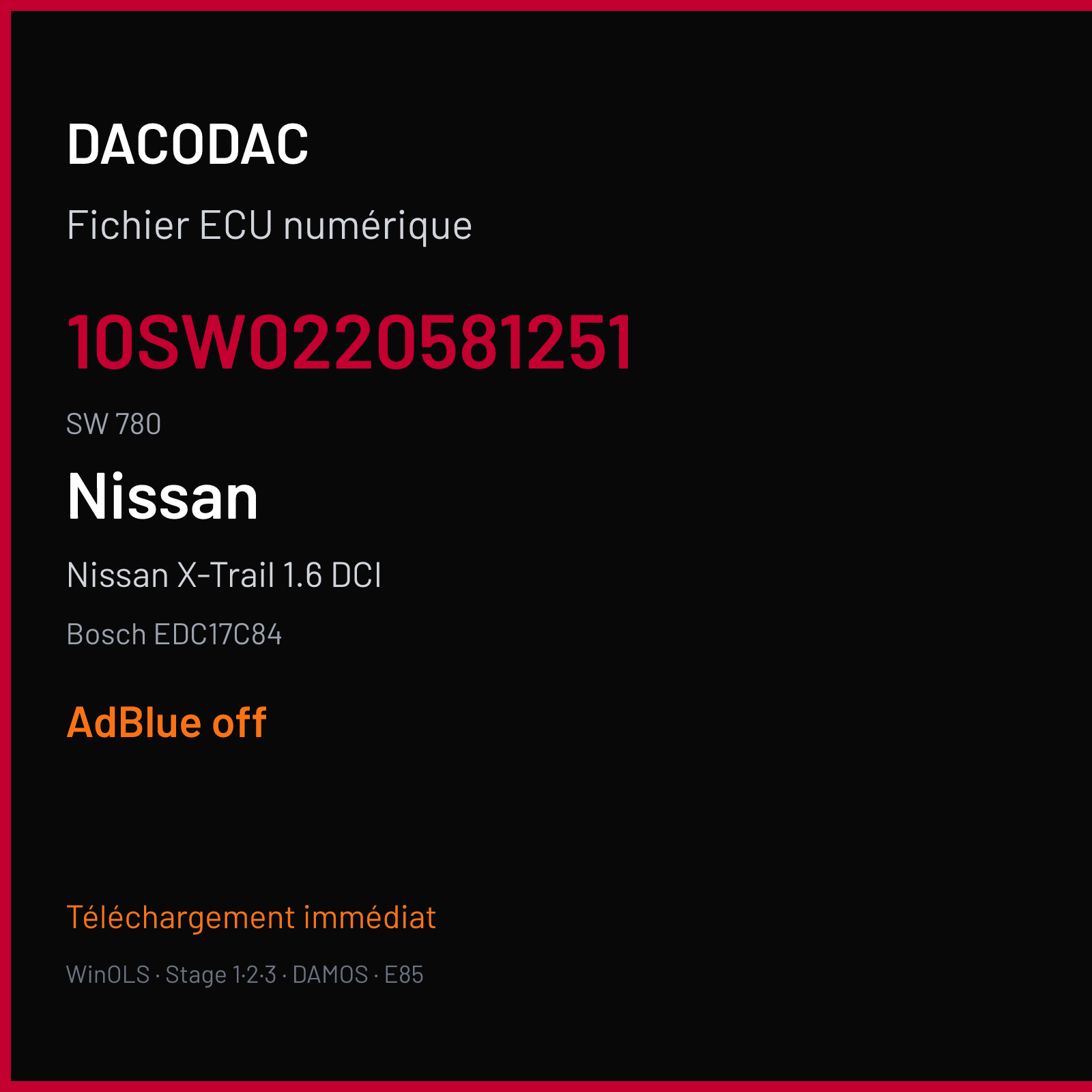 Nissan X-Trail 1.6 DCI 130 ch (2017) — Bosch EDC17C84 — 10SW0220581251 · 780 · 10SW0128141251 780 022058 — ADBLUE off