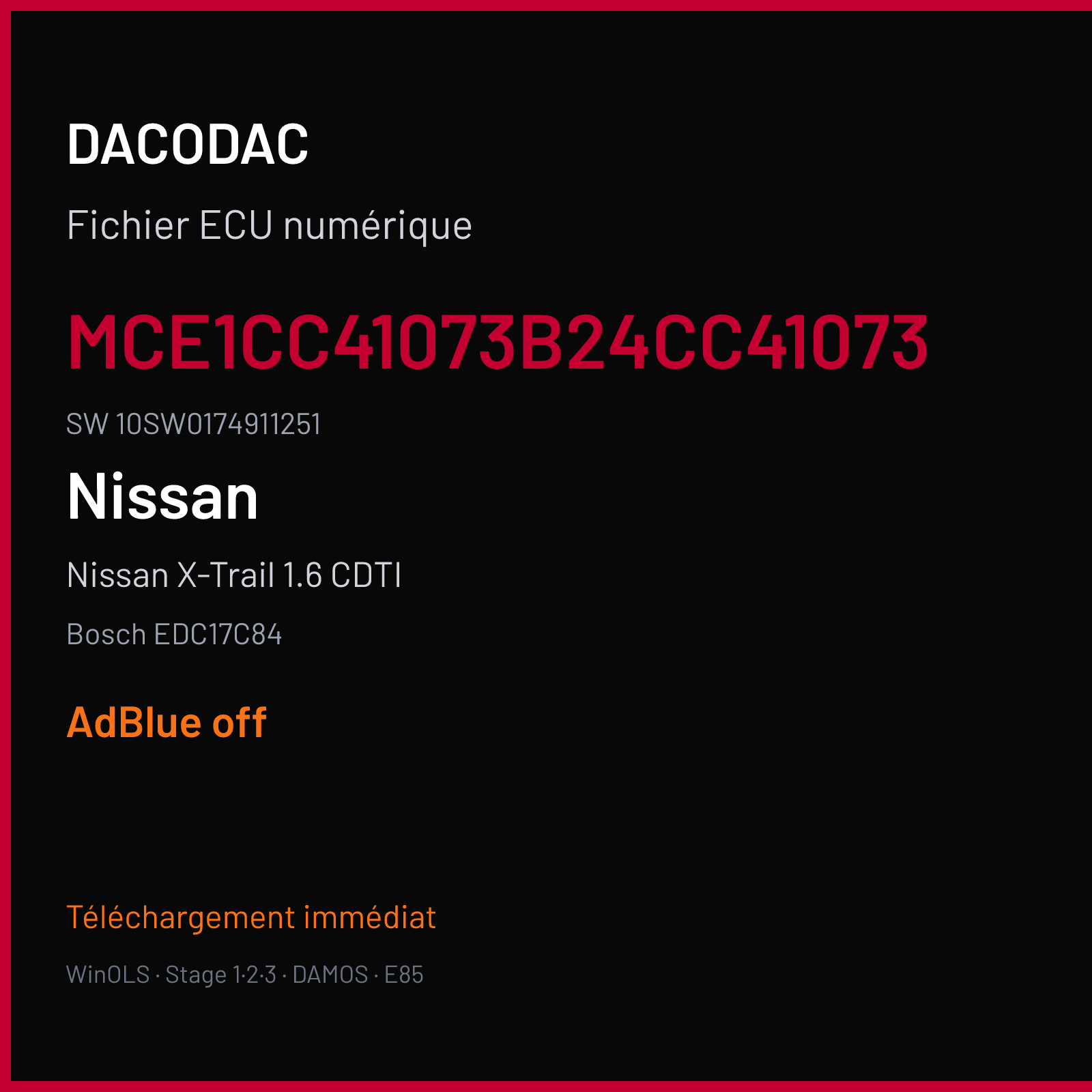 Nissan X-Trail 1.6 CDTI 130 ch (2018) — Bosch EDC17C84 — MCE1CC41073B24CC41073 · 10SW0174911251 · 720 017491 — ADBLUE off