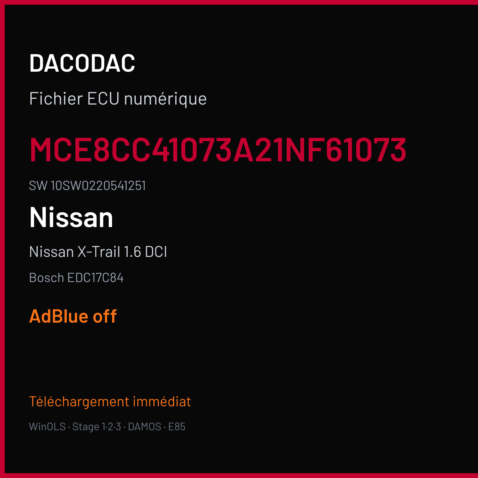 Nissan X-Trail 1.6 DCI 130 ch (2019) — Bosch EDC17C84 — MCE8CC41073A21NF61073 · 10SW0220541251 · 780 022054 — ADBLUE off