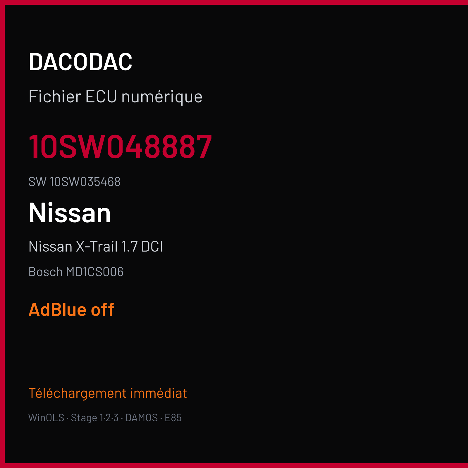 Nissan X-Trail 1.7 DCI 150 ch (2019) — Bosch MD1CS006 — 10SW048887 · 10SW035468 · 035468 — ADBLUE off
