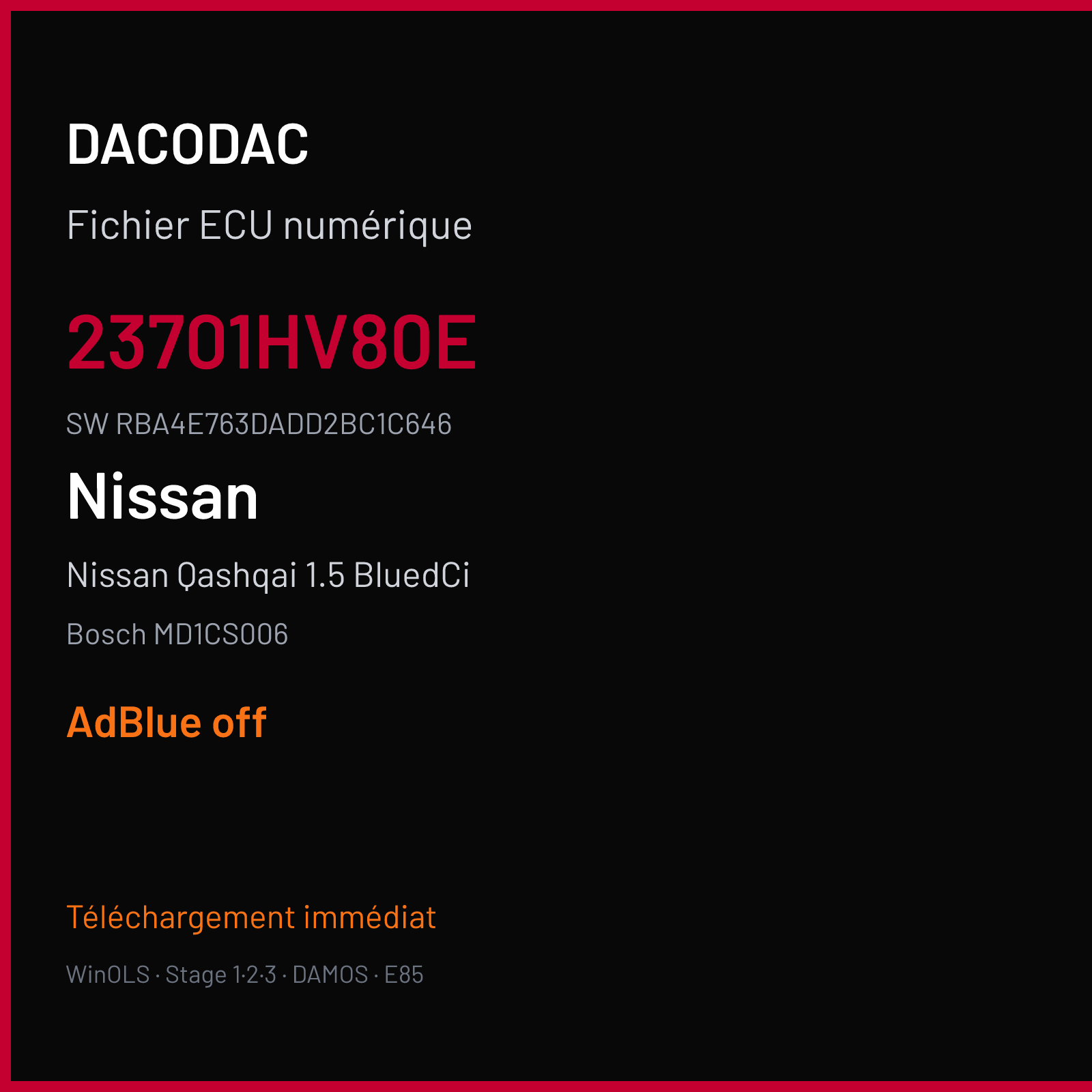Nissan Qashqai 1.5 BluedCi 116 ch (2019) — Bosch MD1CS006 — 23701HV80E · RBA4E763DADD2BC1C646 · 10SW039526 — ADBLUE off