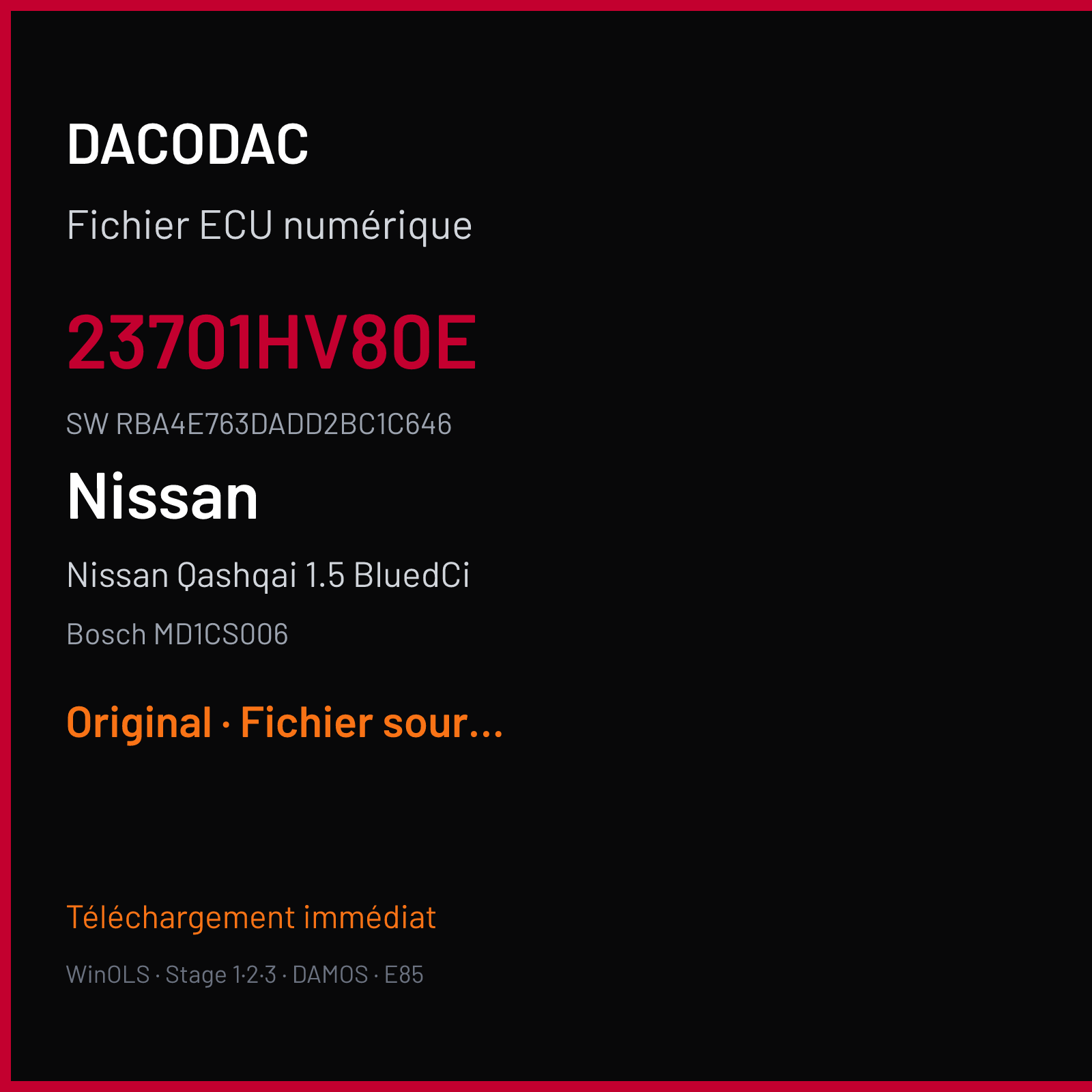 Nissan Qashqai 1.5 BluedCi 116 ch (2019) — Bosch MD1CS006 — 23701HV80E · RBA4E763DADD2BC1C646 · 10SW039526 — Original