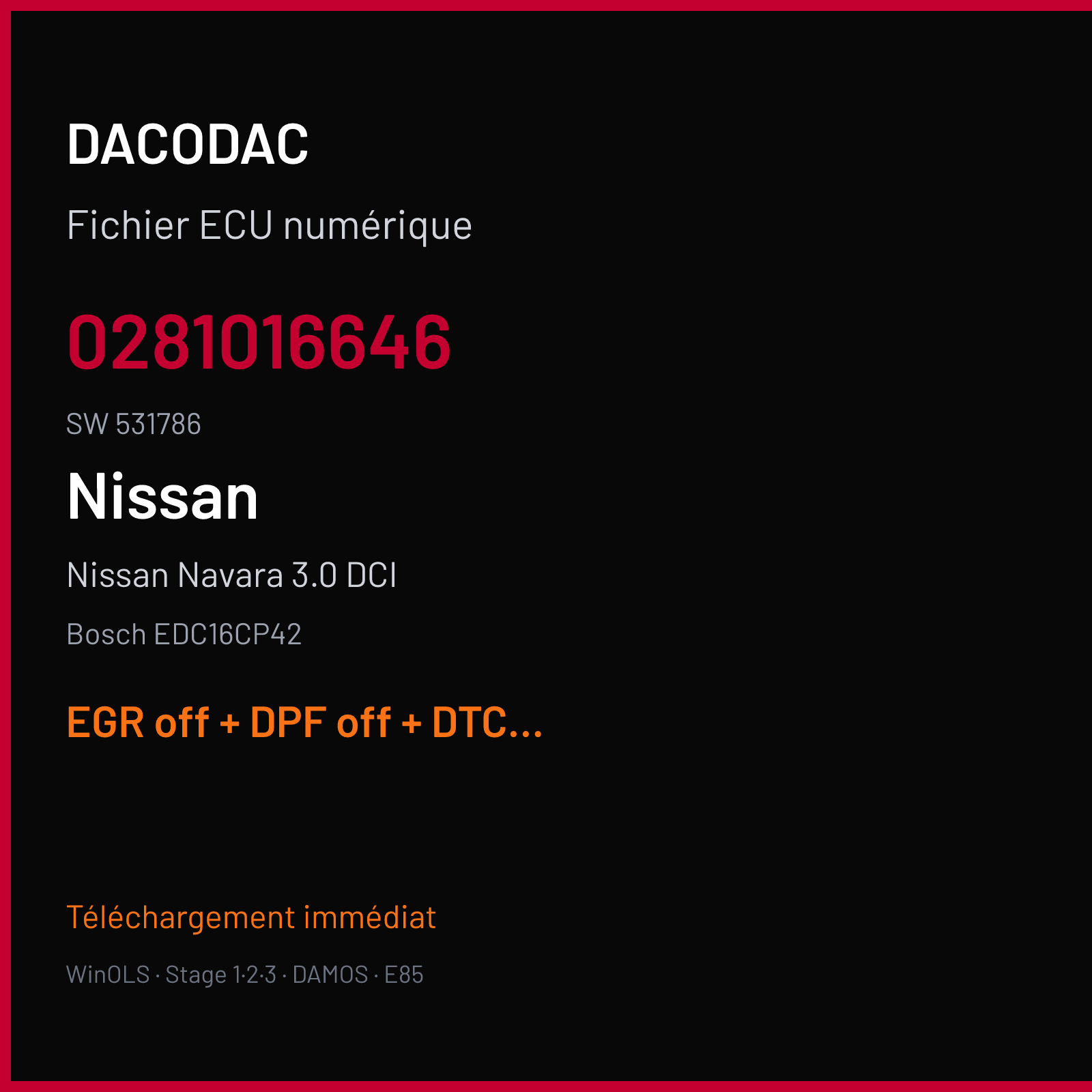 Nissan Navara 3.0 DCI (2013) — Bosch EDC16CP42 — 0281016646 · 531786 — EGR off + DPF off + DTC off + VMAX off