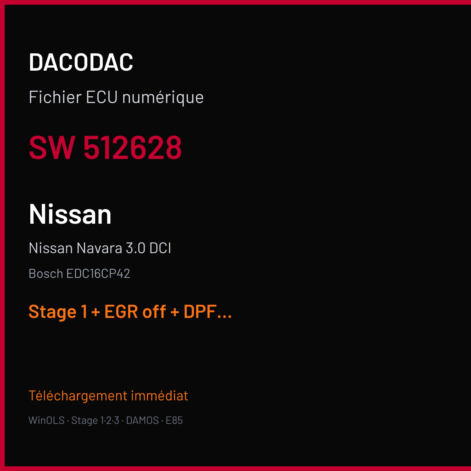 Nissan Navara 3.0 DCI (2011) — Bosch EDC16CP42 — 512628 — Stage 1 + EGR off + DPF off