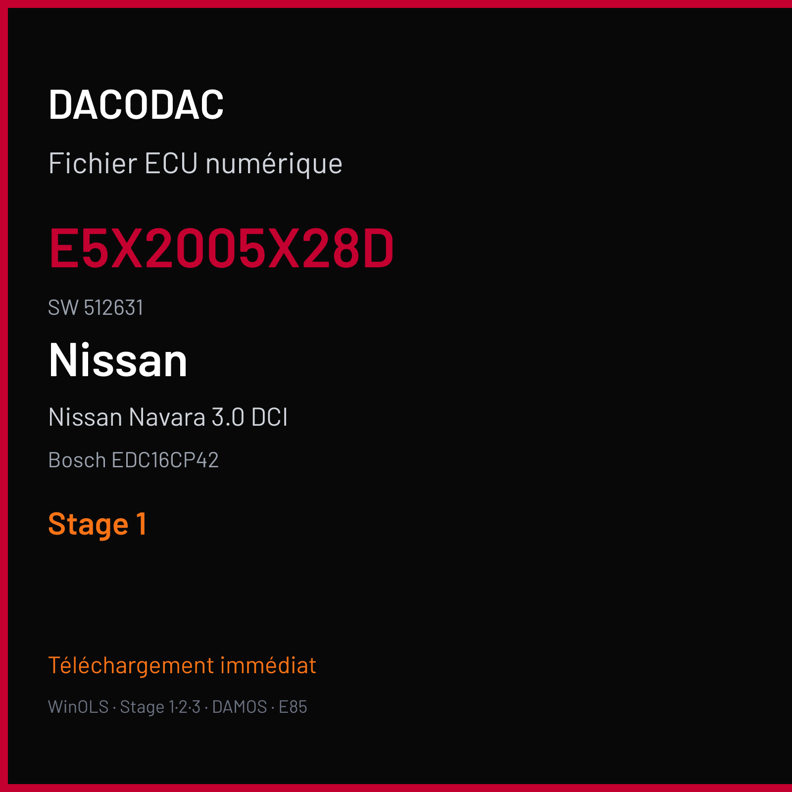 Nissan Navara 3.0 DCI (2010) — Bosch EDC16CP42 — E5X2005X28D · 512631 — Stage 1