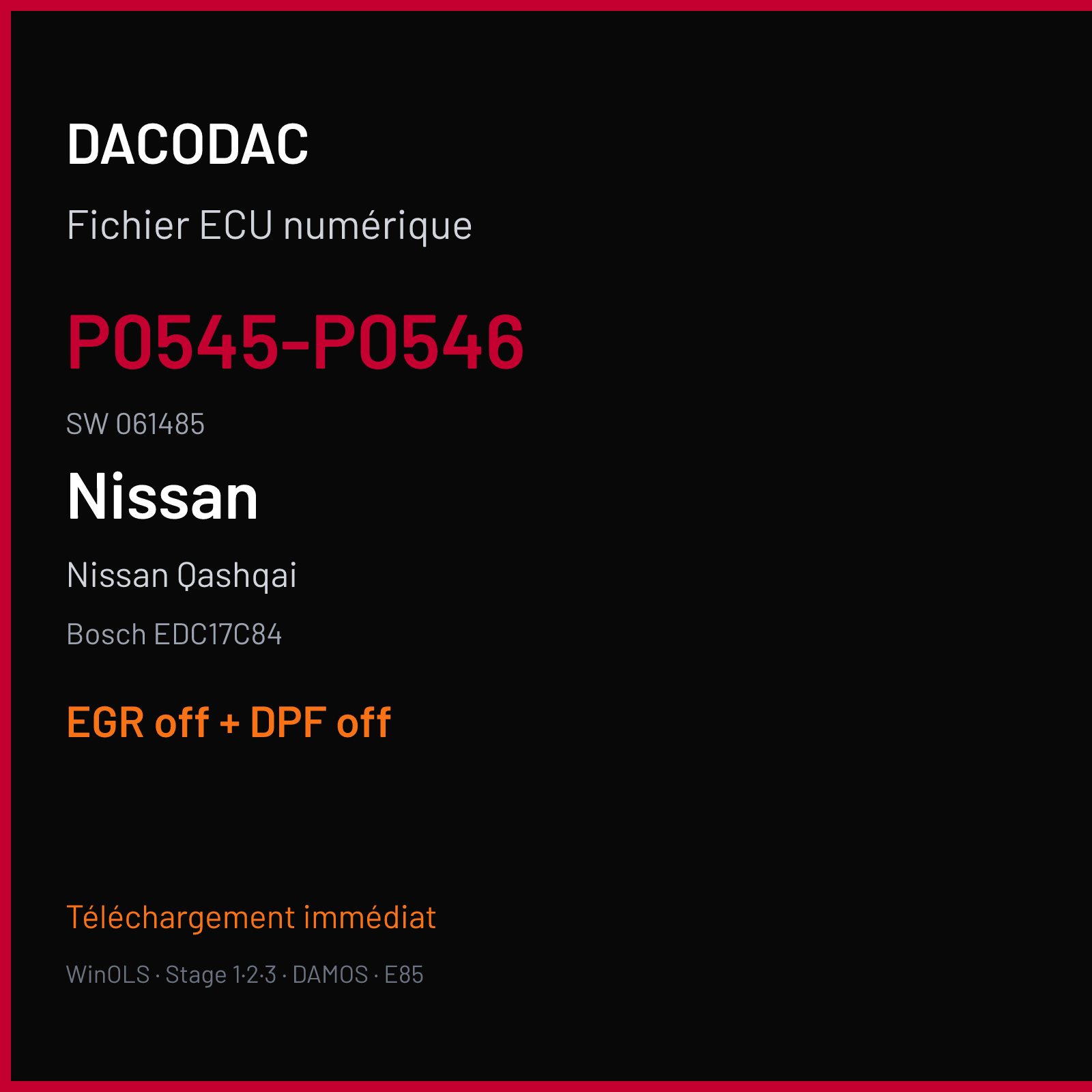 Nissan Qashqai (2016) — Bosch EDC17C84 — P0545-P0546 · 061485 — EGR off + DPF off