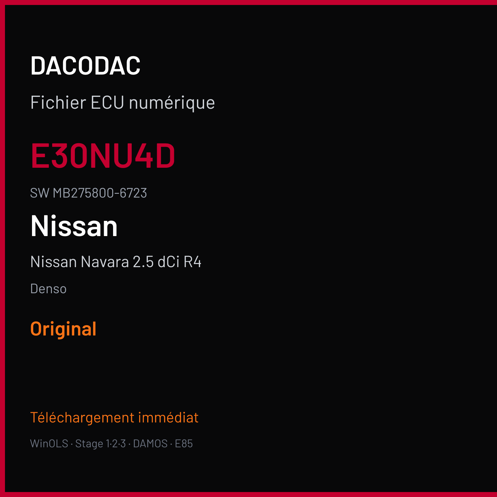 Nissan Navara 2.5 dCi R4 190 ch (2006) — Denso — E30NU4D · MB275800-6723 · T2B0H61B14 SHxx — Original