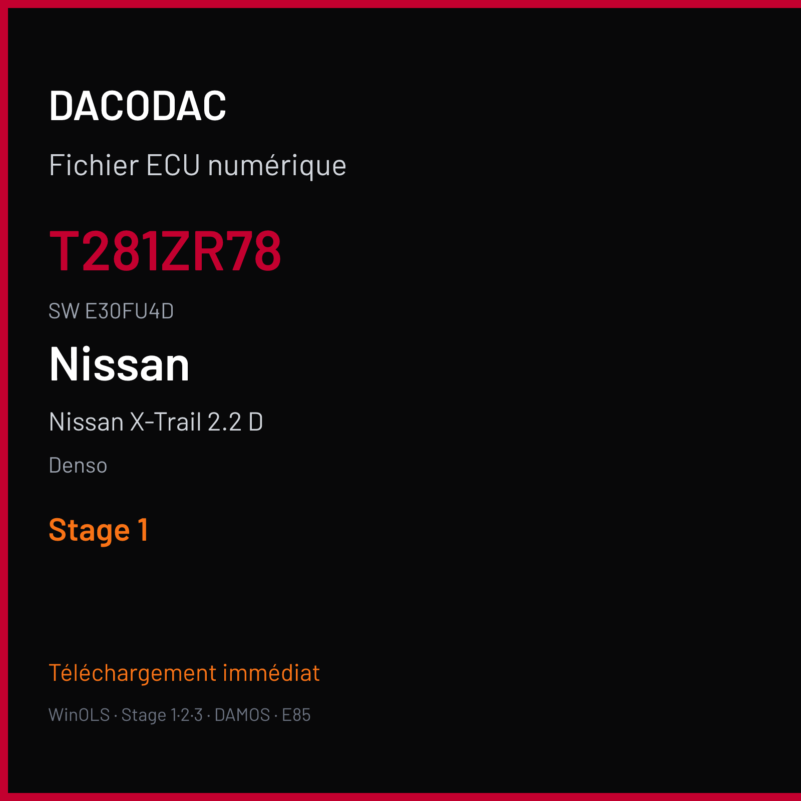 Nissan X-Trail 2.2 D 136 ch — Denso — T281ZR78 · E30FU4D · SH7058-SH7059 — Stage 1