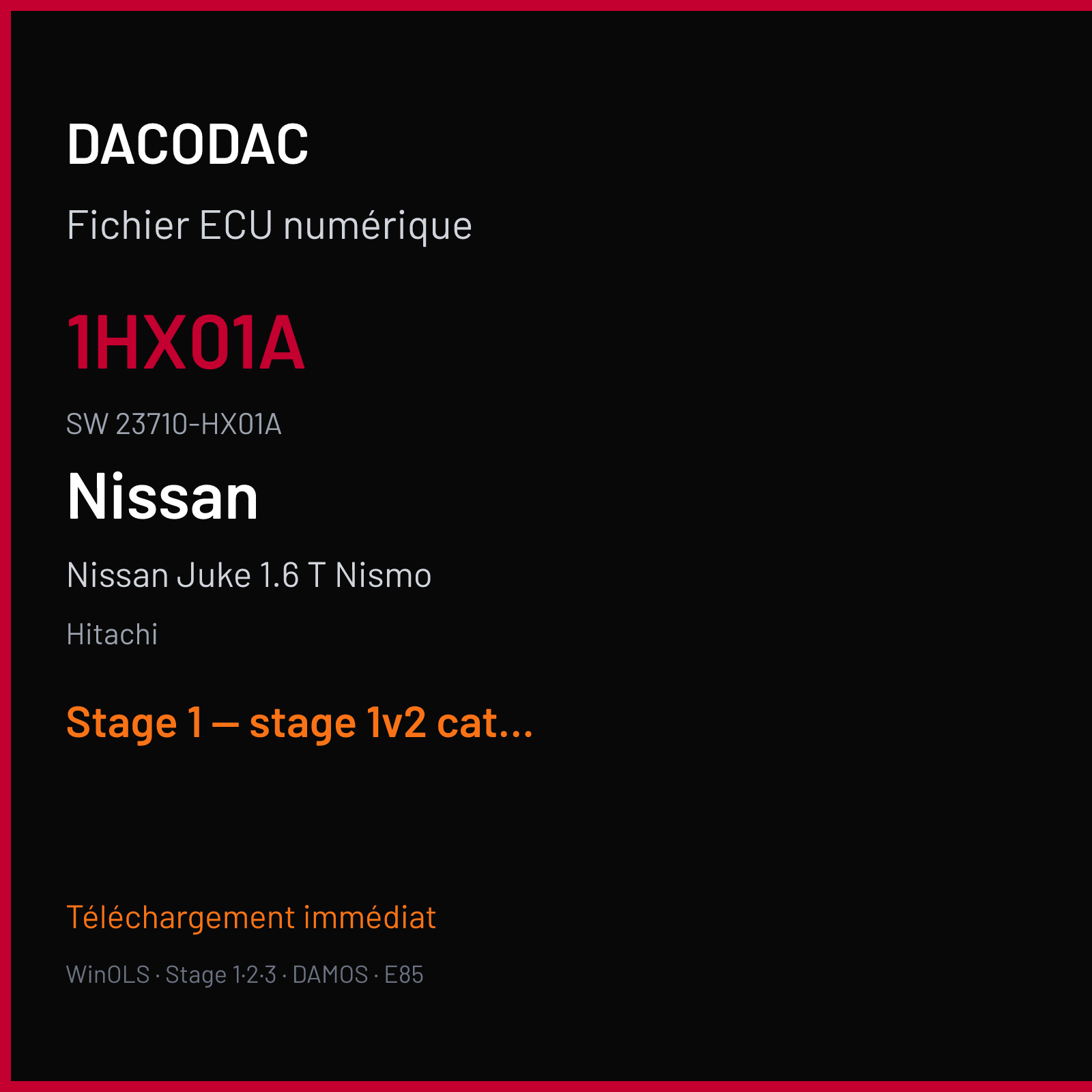 Nissan Juke 1.6 T Nismo (2012) — Hitachi — 1HX01A · 23710-HX01A — Stage 1 — stage 1v2 catalyst off
