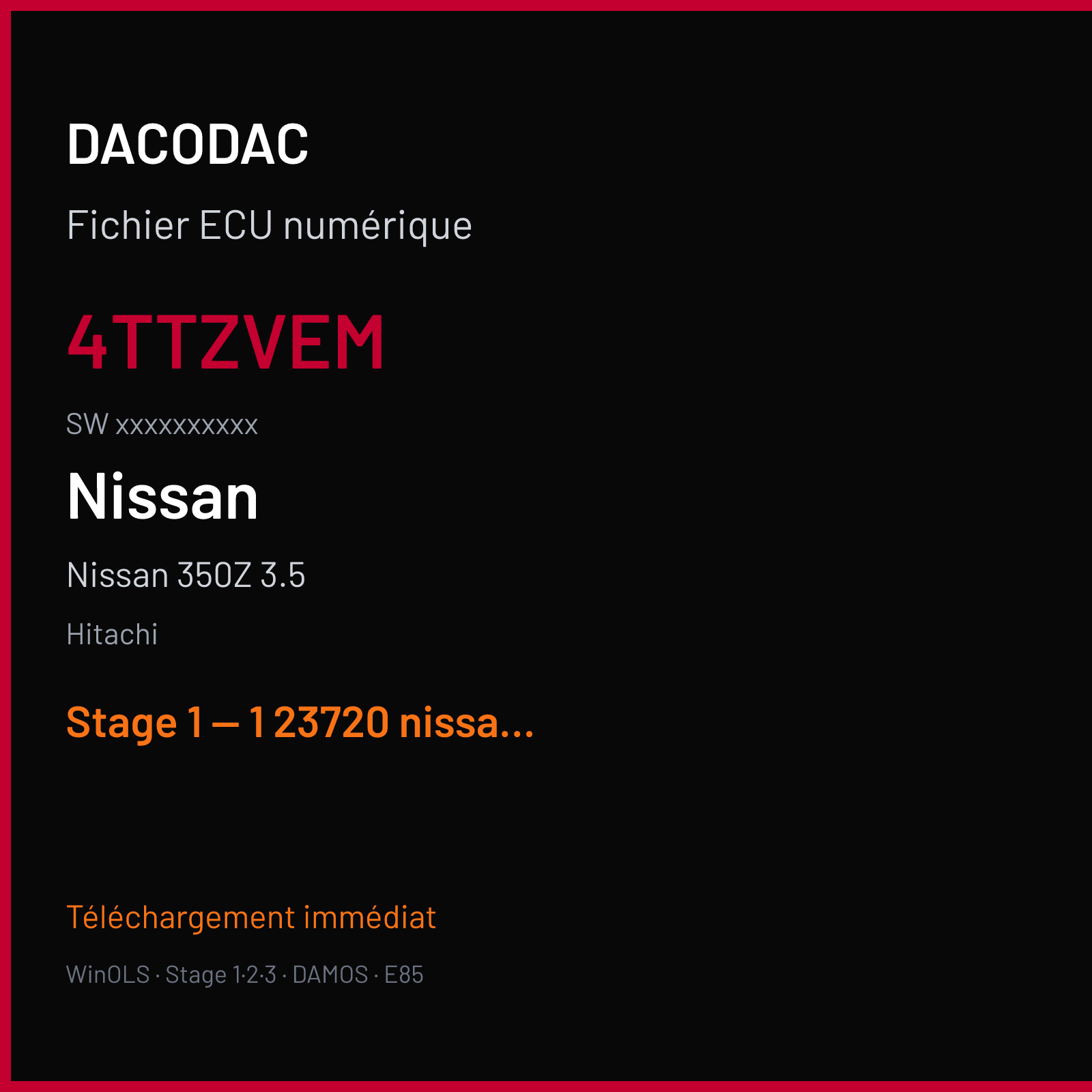 Nissan 350Z 3.5 (2007) — Hitachi — 4TTZVEM · xxxxxxxxxx — Stage 1 — 1 23720 nissan 350z andre jhz0d50 stage 1v2 rpm limit mod catalyst off pop and bang