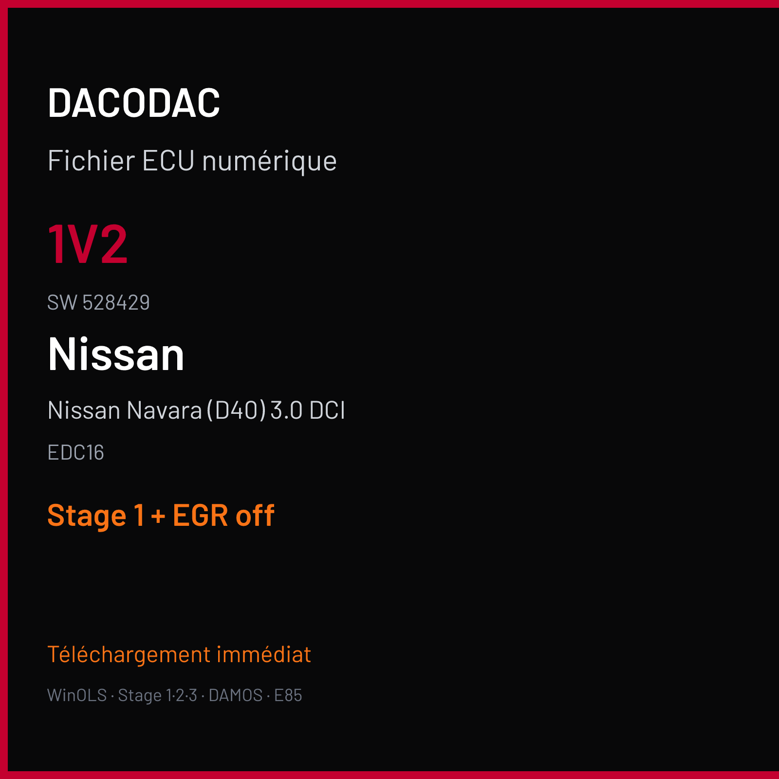 Nissan Navara (D40) 3.0 DCI (2012) — EDC16 — 1V2 · 528429 — Stage 1 + EGR off