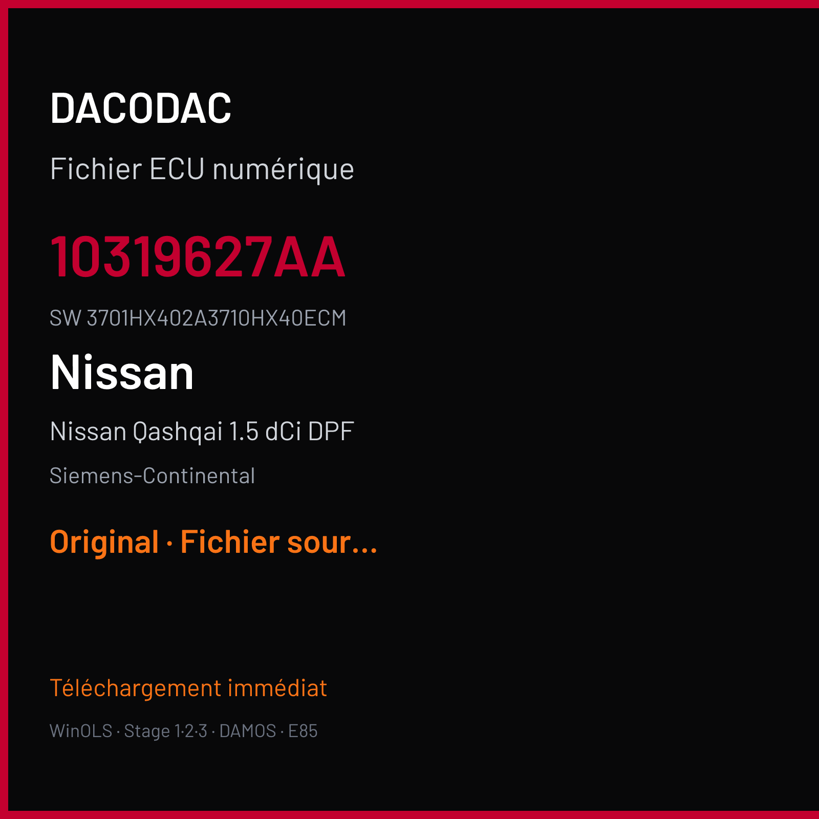 Nissan Qashqai 1.5 dCi DPF 110 ch — Siemens-Continental — 10319627AA · 3701HX402A3710HX40ECM · RFZRFE4276000000 — Original