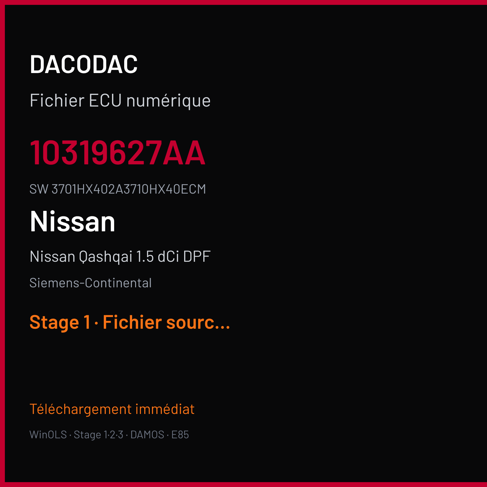 Nissan Qashqai 1.5 dCi DPF 110 ch — Siemens-Continental — 10319627AA · 3701HX402A3710HX40ECM · RFZRFE4276000000 — Stage 1