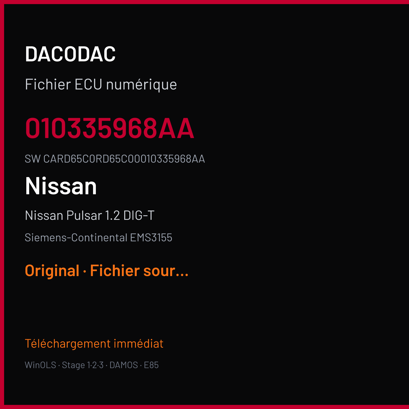 Nissan Pulsar 1.2 DIG-T 115 ch (2016) — Siemens-Continental EMS3155 — 010335968AA · CARD65C0RD65C00010335968AA · 37013ZU32A37013ZU1ECM — Original