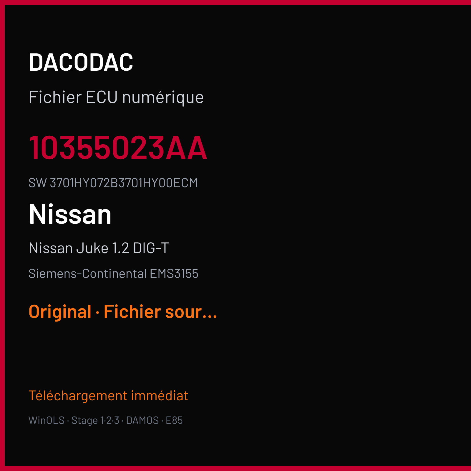 Nissan Juke 1.2 DIG-T 115 ch (2016) — Siemens-Continental EMS3155 — 10355023AA · 3701HY072B3701HY00ECM · R07R070036000000 — Original