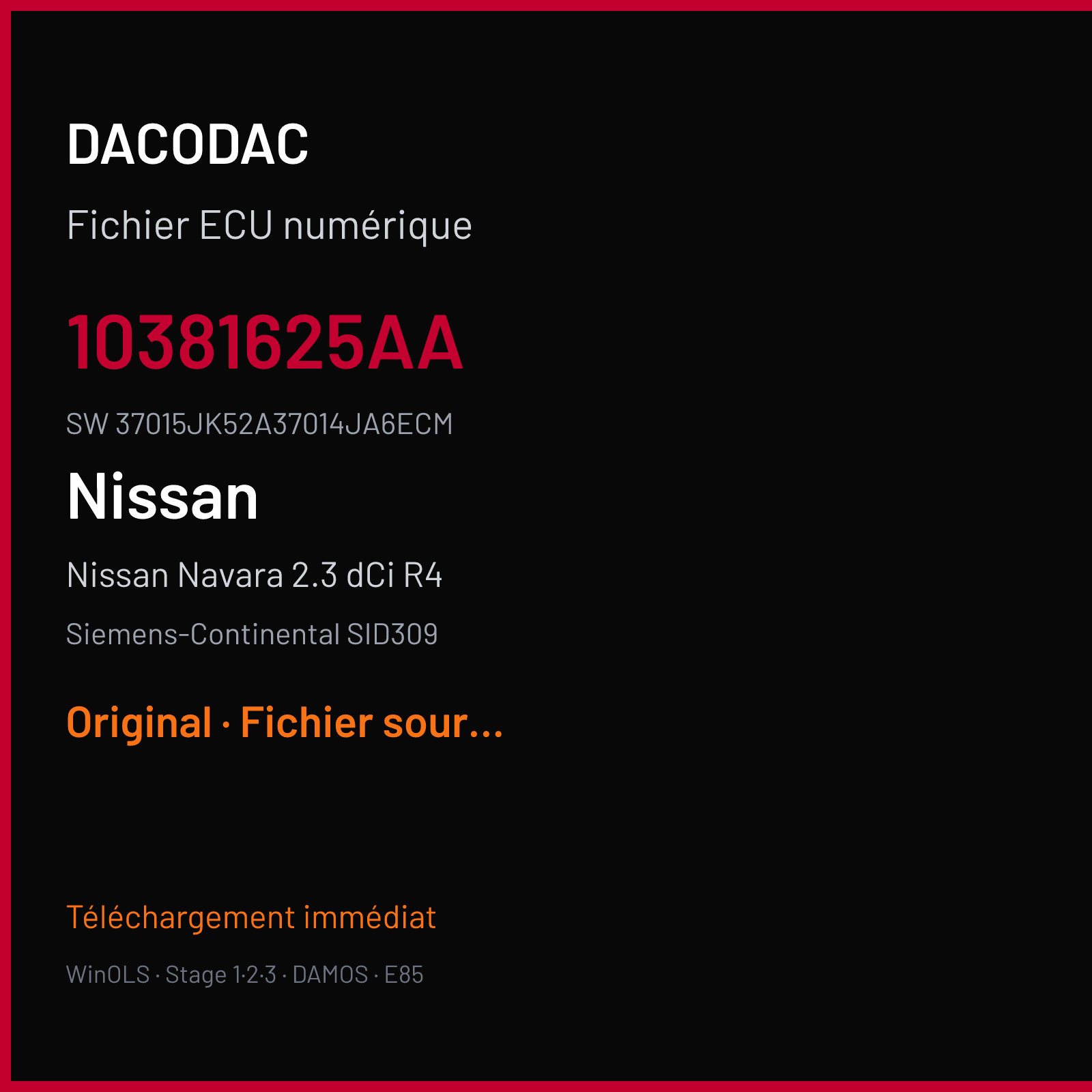 Nissan Navara 2.3 dCi R4 190 ch (2015) — Siemens-Continental SID309 — 10381625AA · 37015JK52A37014JA6ECM · R886470000000 — Original