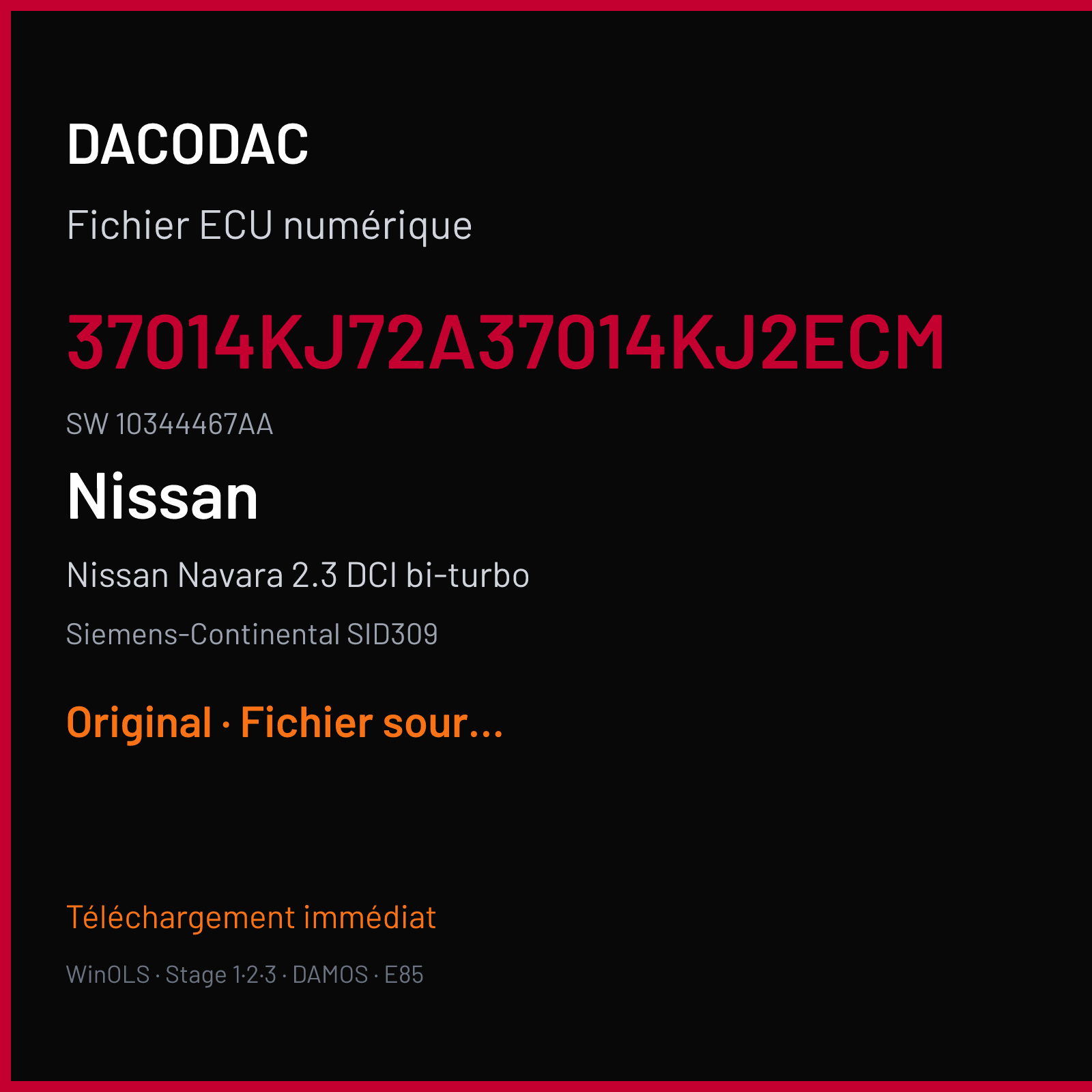 Nissan Navara 2.3 DCI bi-turbo 190 ch (2016) — Siemens-Continental SID309 — 37014KJ72A37014KJ2ECM · 10344467AA · R886461000000 — Original