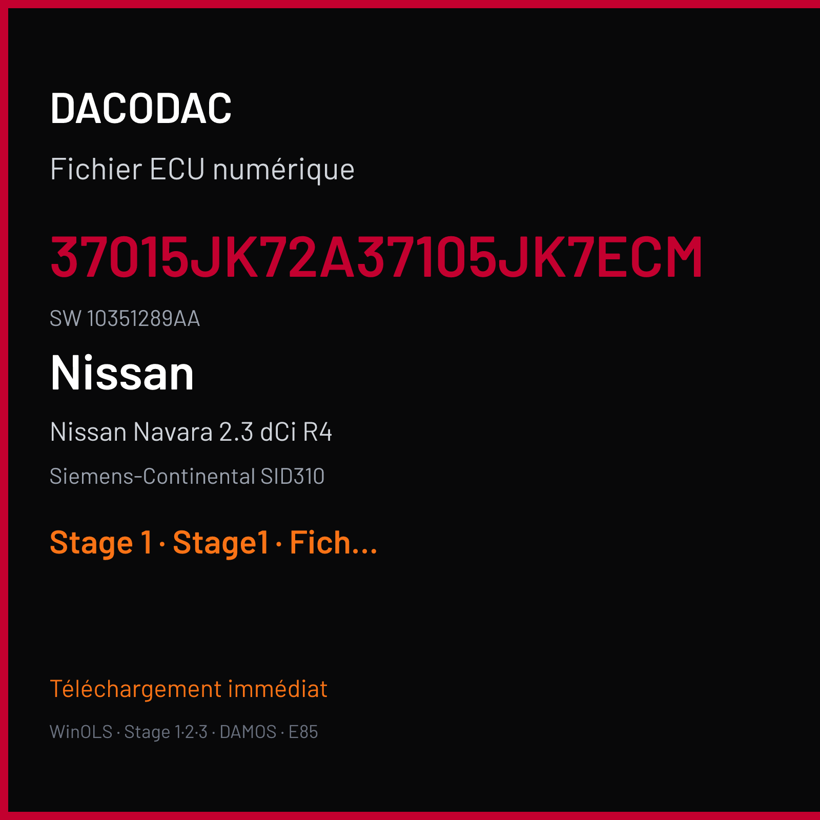 Nissan Navara 2.3 dCi R4 190 ch (2019) — Siemens-Continental SID310 — 37015JK72A37105JK7ECM · 10351289AA · RFZRFJ4231000000 — Stage 1