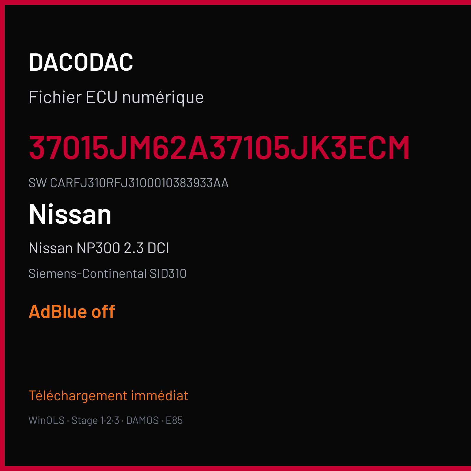 Nissan NP300 2.3 DCI 163 ch (2018) — Siemens-Continental SID310 — 37015JM62A37105JK3ECM · CARFJ310RFJ3100010383933AA — ADBLUE off