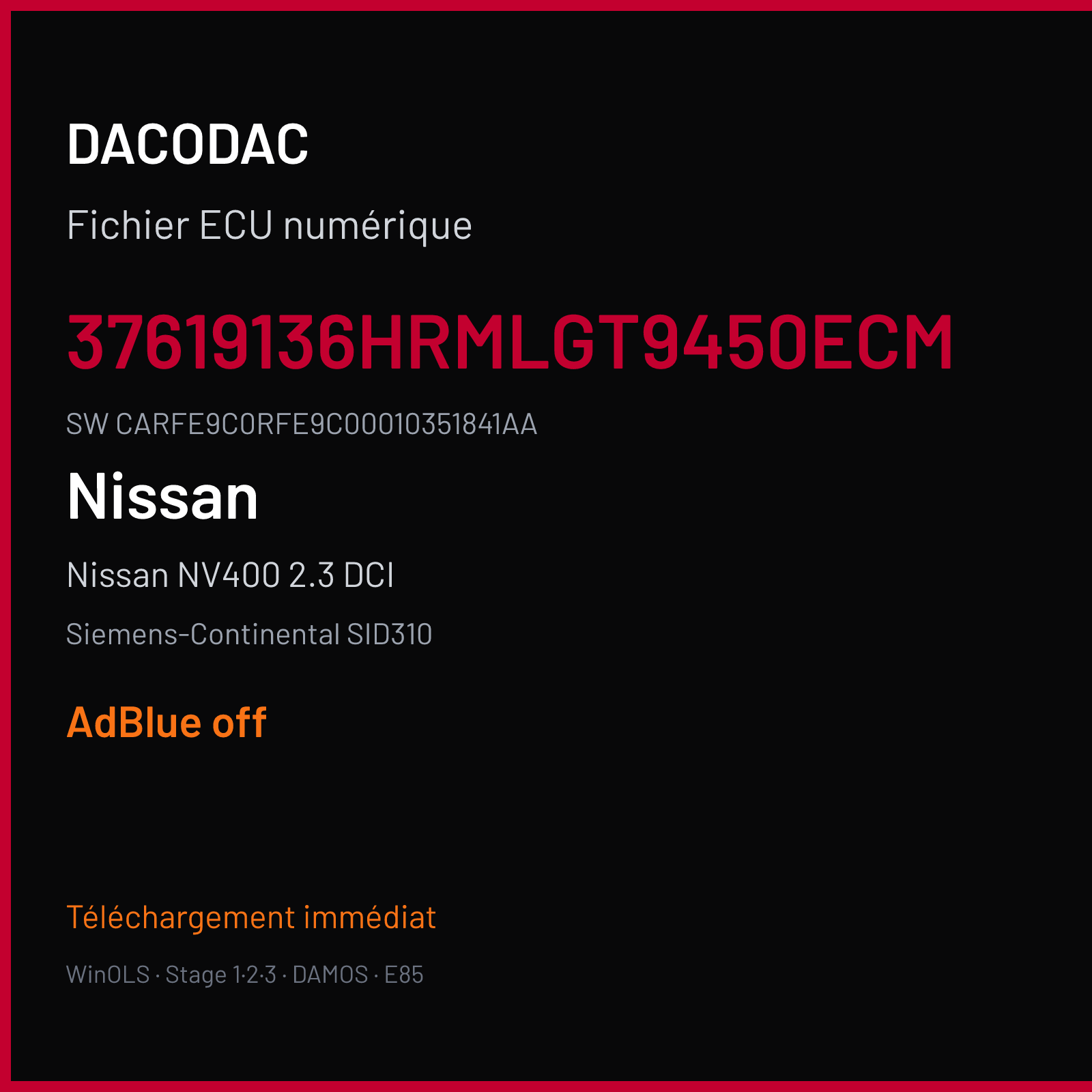 Nissan NV400 2.3 DCI 170 ch (2017) — Siemens-Continental SID310 — 37619136HRMLGT9450ECM · CARFE9C0RFE9C00010351841AA — ADBLUE off