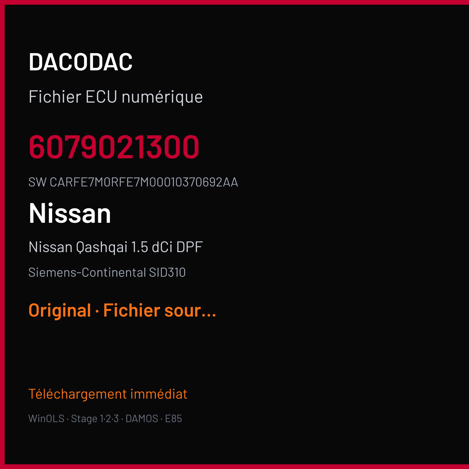 Nissan Qashqai 1.5 dCi DPF 110 ch (2016) — Siemens-Continental SID310 — 6079021300 · CARFE7M0RFE7M00010370692AA · 6079032800 — Original