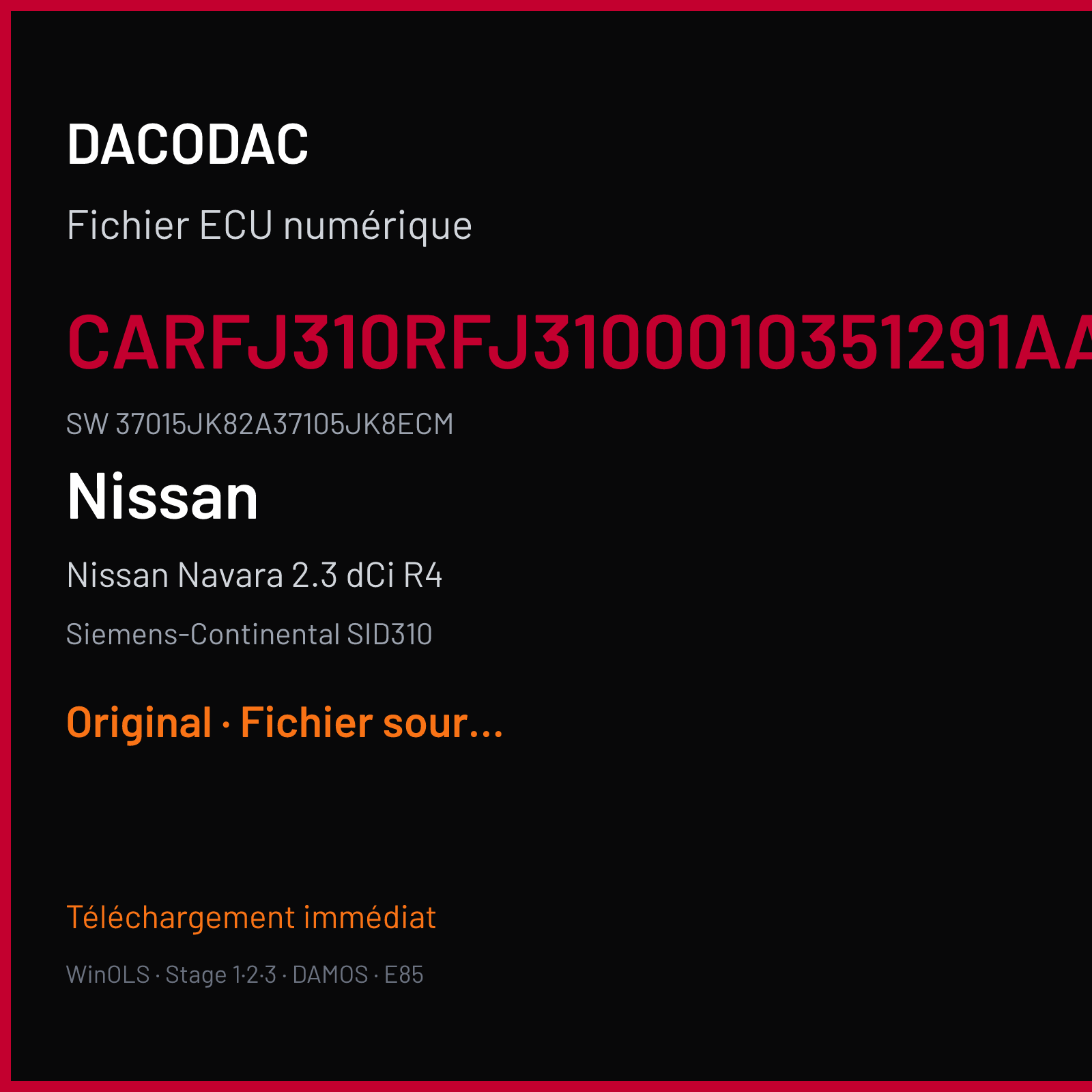 Nissan Navara 2.3 dCi R4 190 ch (2017) — Siemens-Continental SID310 — CARFJ310RFJ3100010351291AA · 37015JK82A37105JK8ECM · 237015JK8D — Original