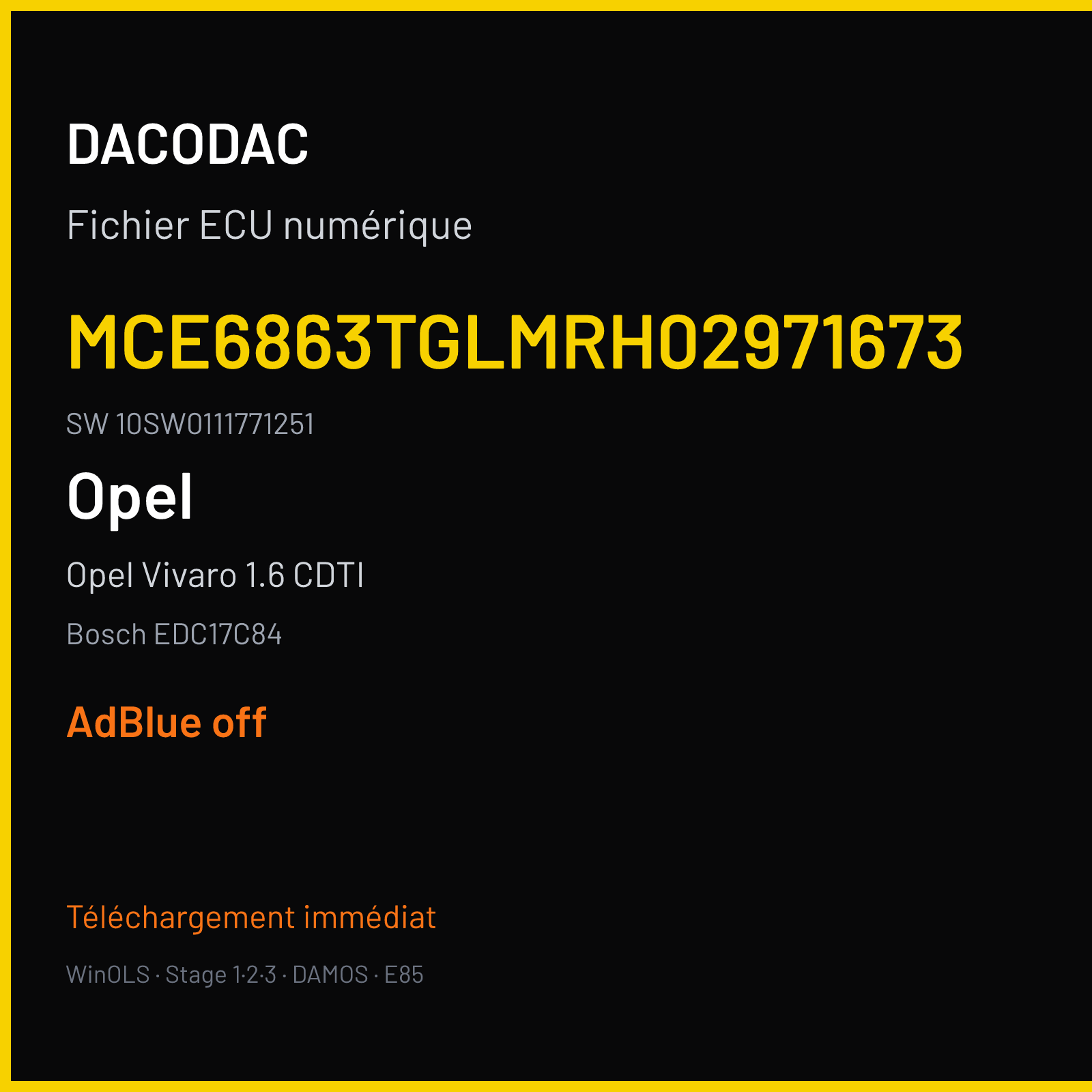 Opel Vivaro 1.6 CDTI 95 ch (2018) — Bosch EDC17C84 — MCE6863TGLMRH02971673 · 10SW0111771251 · 8E0 011177 — ADBLUE off