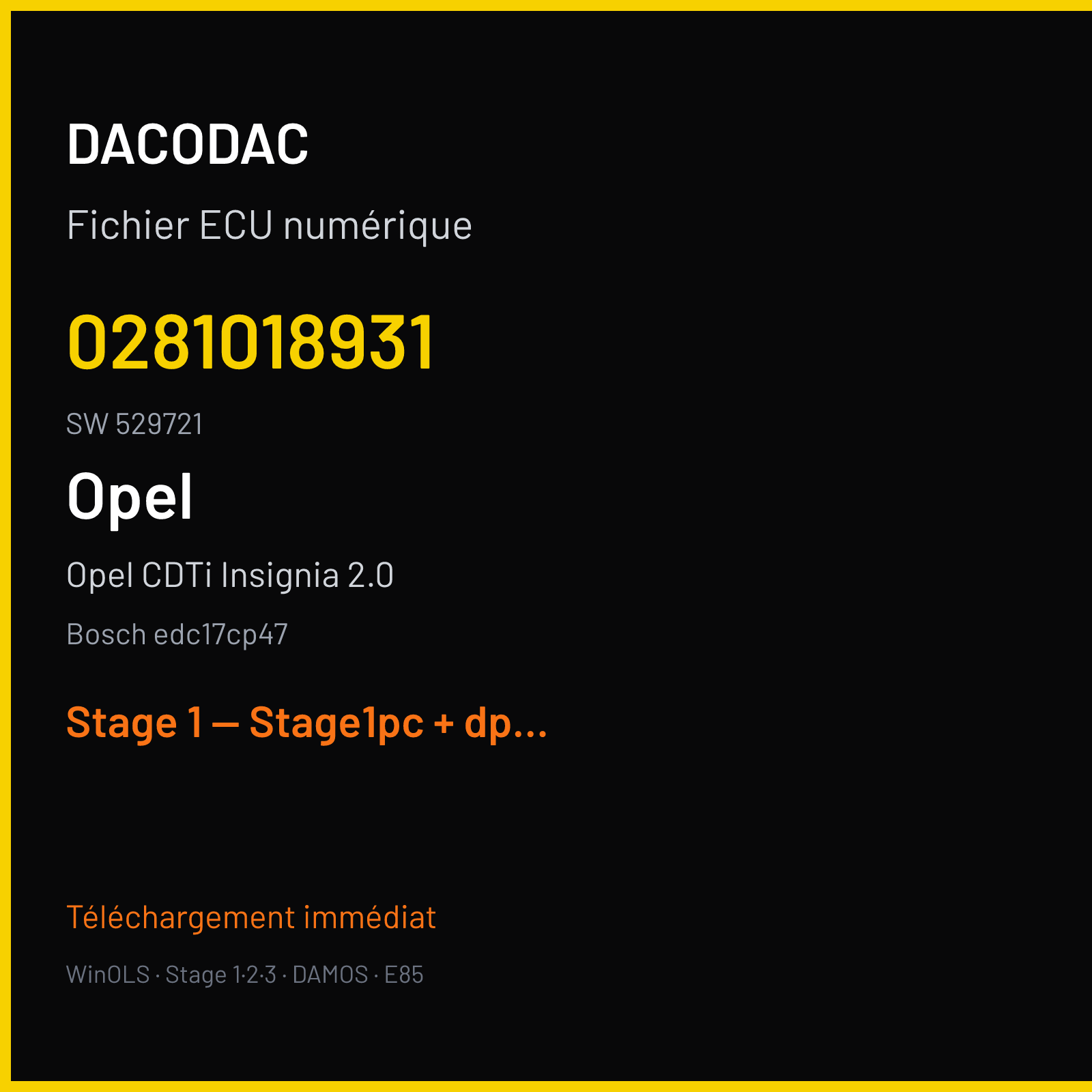 Opel CDTi Insignia 2.0 (2012) — Bosch edc17cp47 — 0281018931 · 529721 — Stage 1 — Stage1pc + dpf off