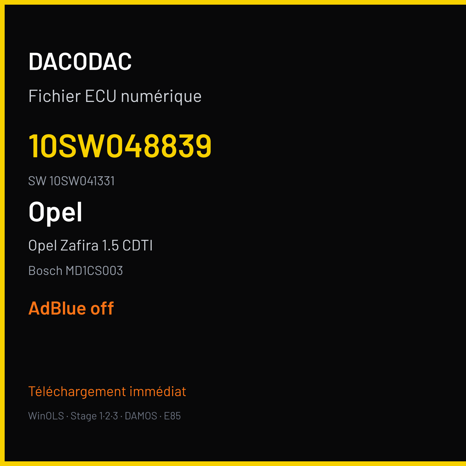 Opel Zafira 1.5 CDTI 120 ch (2020) — Bosch MD1CS003 — 10SW048839 · 10SW041331 · 048839 — ADBLUE off