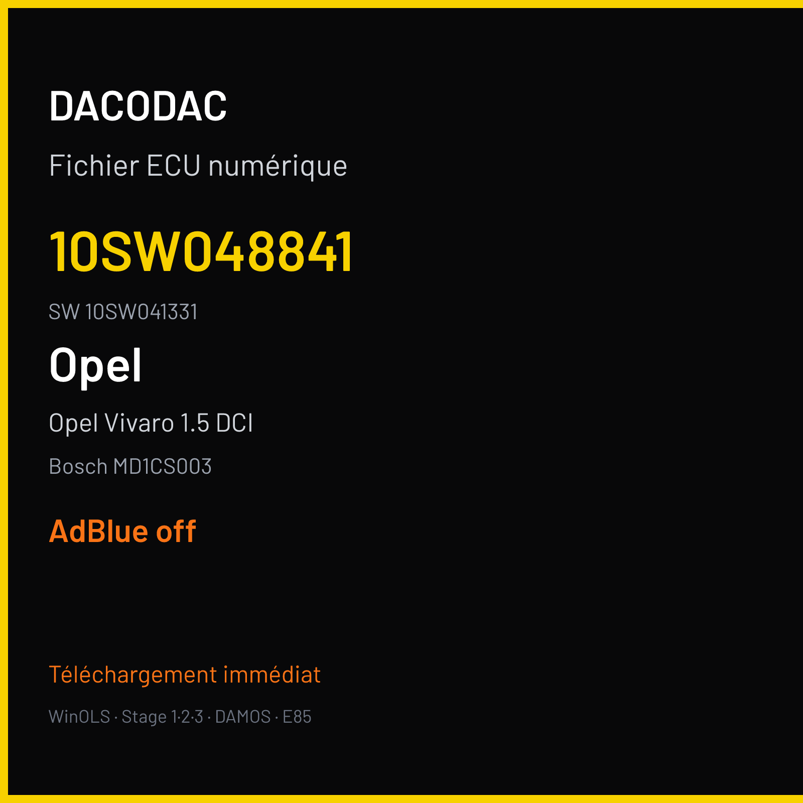 Opel Vivaro 1.5 DCI 100 ch (2020) — Bosch MD1CS003 — 10SW048841 · 10SW041331 · 048841 — ADBLUE off