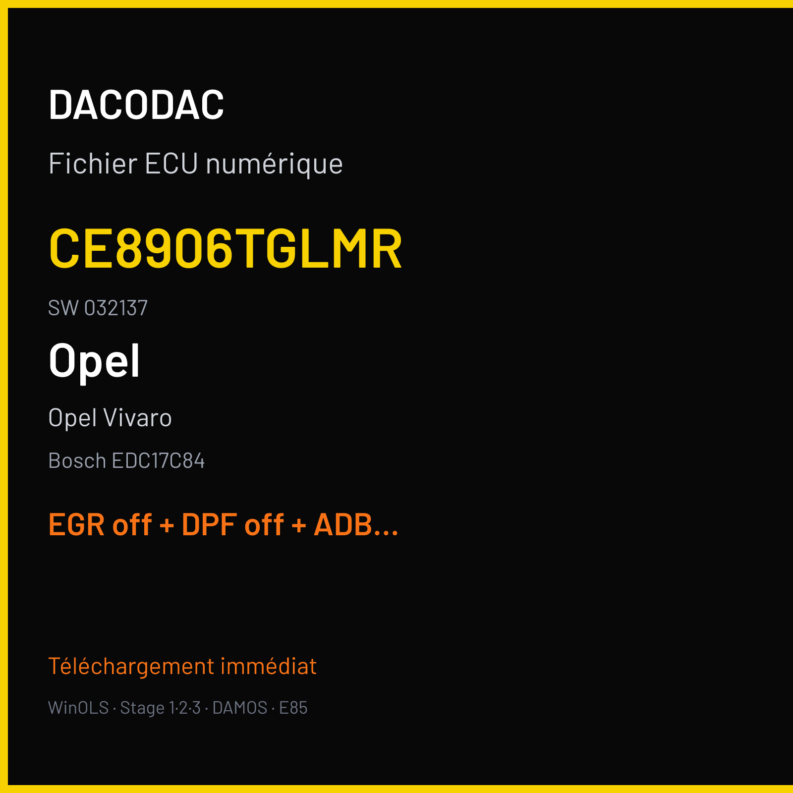 Opel Vivaro (2018) — Bosch EDC17C84 — CE8906TGLMR · 032137 — EGR off + DPF off + ADBLUE off