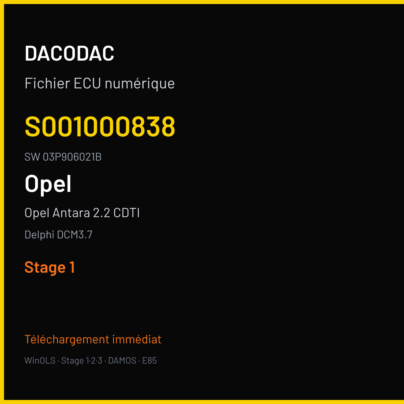 Opel Antara 2.2 CDTI 163 ch (2014) — Delphi DCM3.7 — S001000838 · 03P906021B · DCM3.7-B1E-UGE82J-Z22-C140-A4-118-N-DE-P-Z-120424 — Stage 1