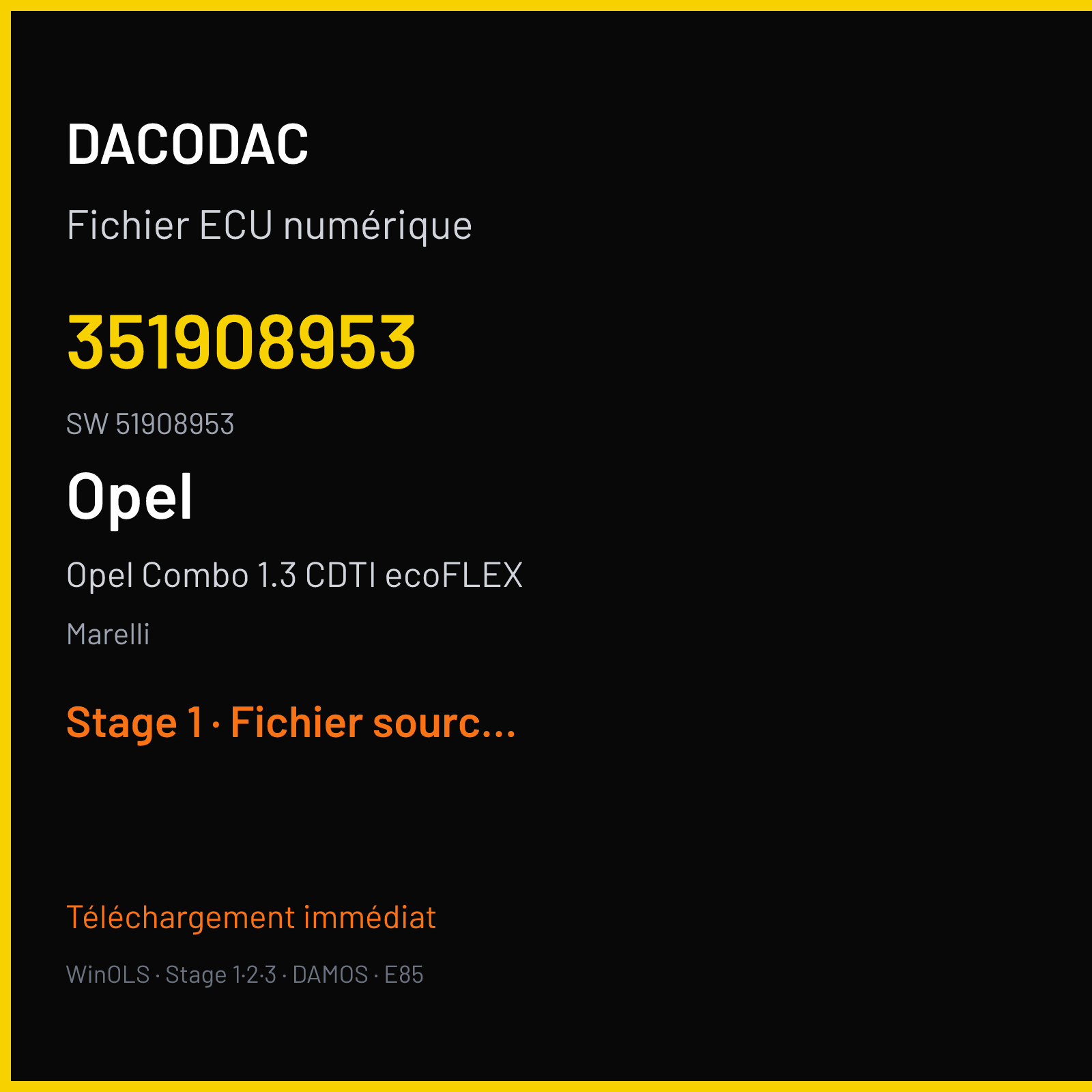 Opel Combo 1.3 CDTI ecoFLEX 90 ch (2012) — Marelli — 351908953 · 51908953 · 390116879812 MJ8F3H — Stage 1