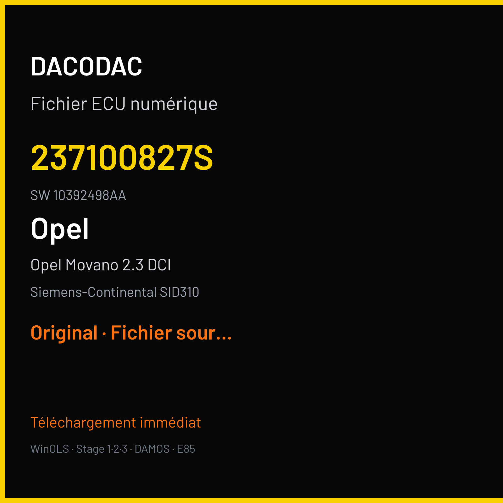 Opel Movano 2.3 DCI 130 ch (2018) — Siemens-Continental SID310 — 237100827S · 10392498AA · RFZRFE429D000000 — Original
